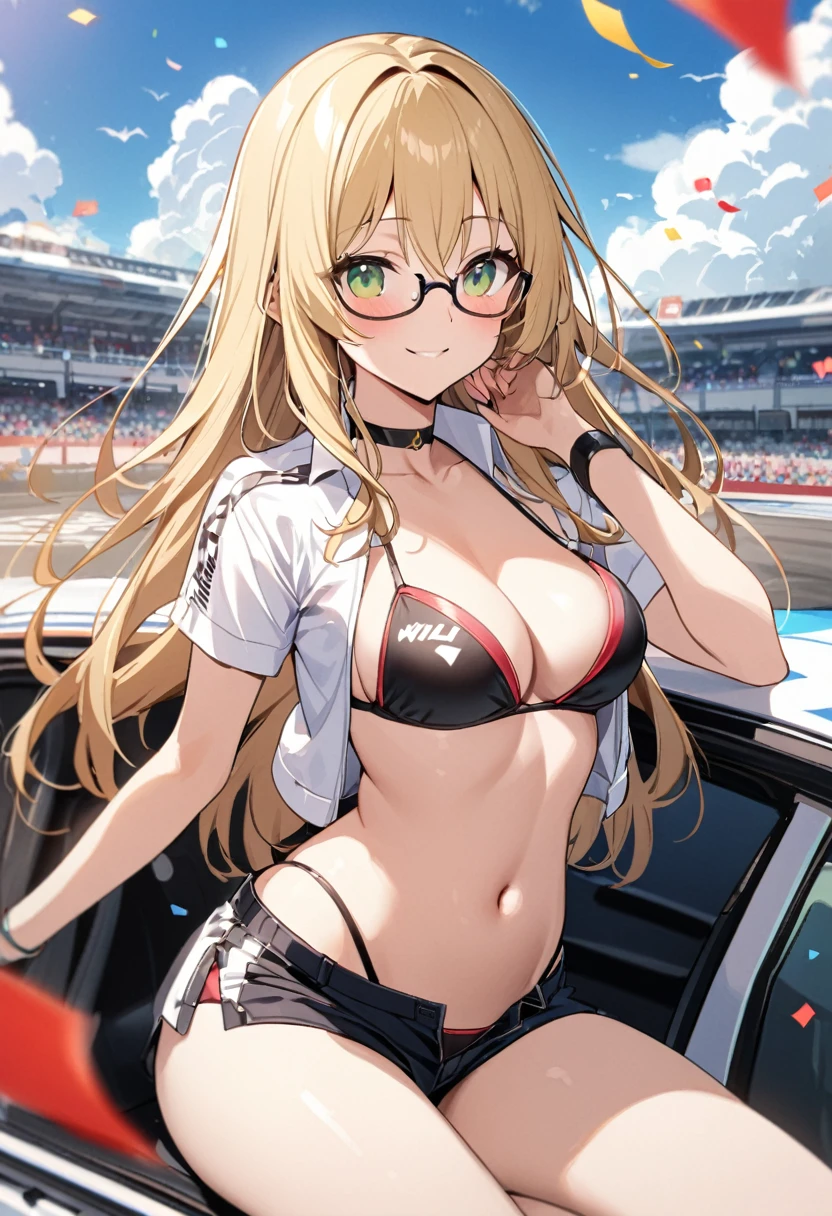 1 girl、solo、Long Hair、chest、Staring at the audience、blush、smile、Blonde Hair、大きなchest、belly button、chestの谷間、Sitting、Close your mouth、Green Eyes、Swimwear、Short sleeve、bikini、Thighs、Outdoor、Open clothes、null、Glasses、Shorts、choker、noon、cloud、stomach、青null、Shorts、Underbust、（黒眼帯bikini）、High leg、黒choker、黒Shorts、Hair Intake、地上car両、自動car、car、Open Fly、Confetti、High legbikini、Micro Shorts、Race Queen