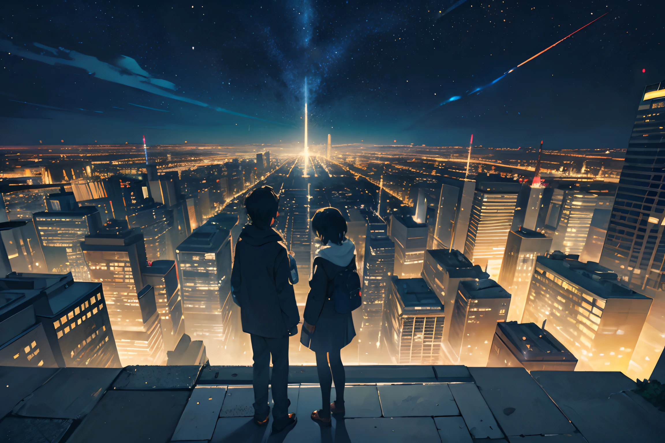 Create exquisite illustrations reminiscent of Makoto Shinkai's style, It has ultra-fine details and top-notch quality. Create an illustration of a nighttime cityscape as seen from above the sky. The city lights below resemble a starry sky, creating a fantastical and beautiful atmosphere. The buildings are illuminated, casting a warm glow on the streets. . The overall scene exudes a sense of tranquility and enchantment, capturing the magic of a city that never sleeps.