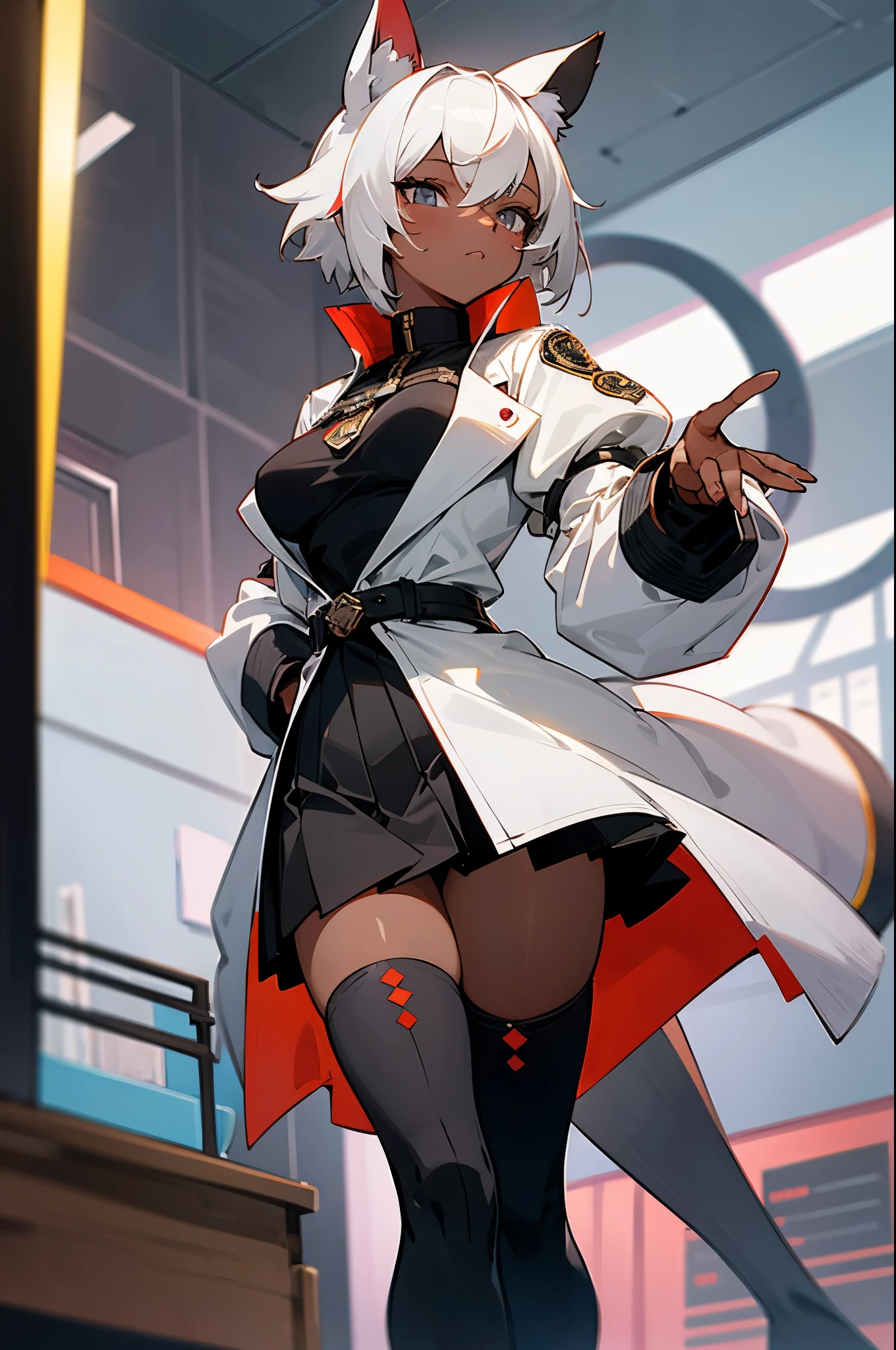 score_9, score_8_up, score_7_up, 1girl, solo, shtla, dark-skinned female, animal ears, tail, whisker markings, short hair, large breasts, grey eyes, white hair, red heaOtft, white trenchcoat, badge, high collar, black collared shrug, long sleeves, puffy sleeves, black miniskirt, thigh boots, looking at viewer, indoors, library,