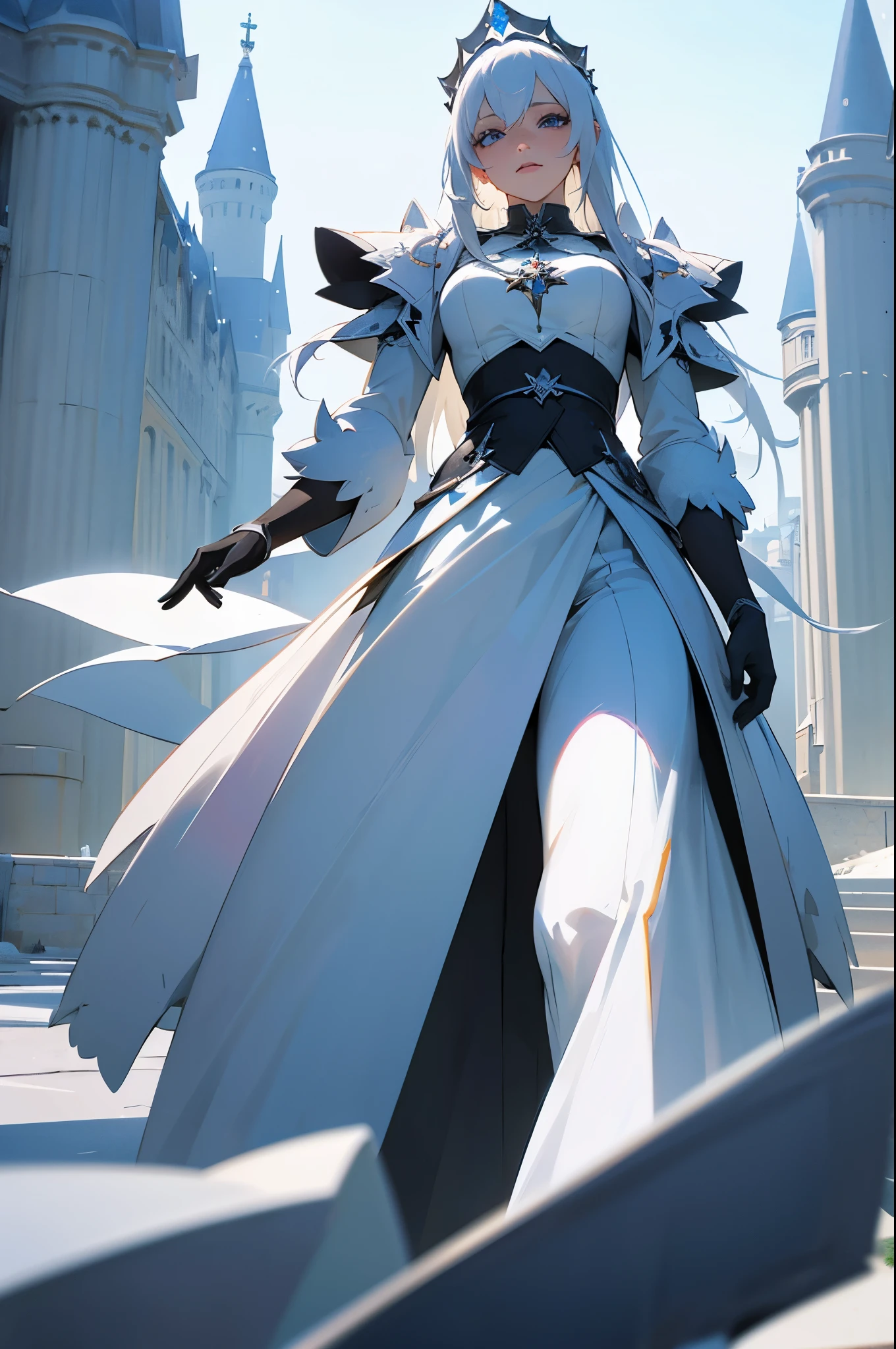 The white-haired Alabi was dressed in white，Posing in front of the castle wearing black gloves, 2. 5 D CGI anime fantasy artwork, best of artstation,Holy elegance ice blue pupils 8k HD
