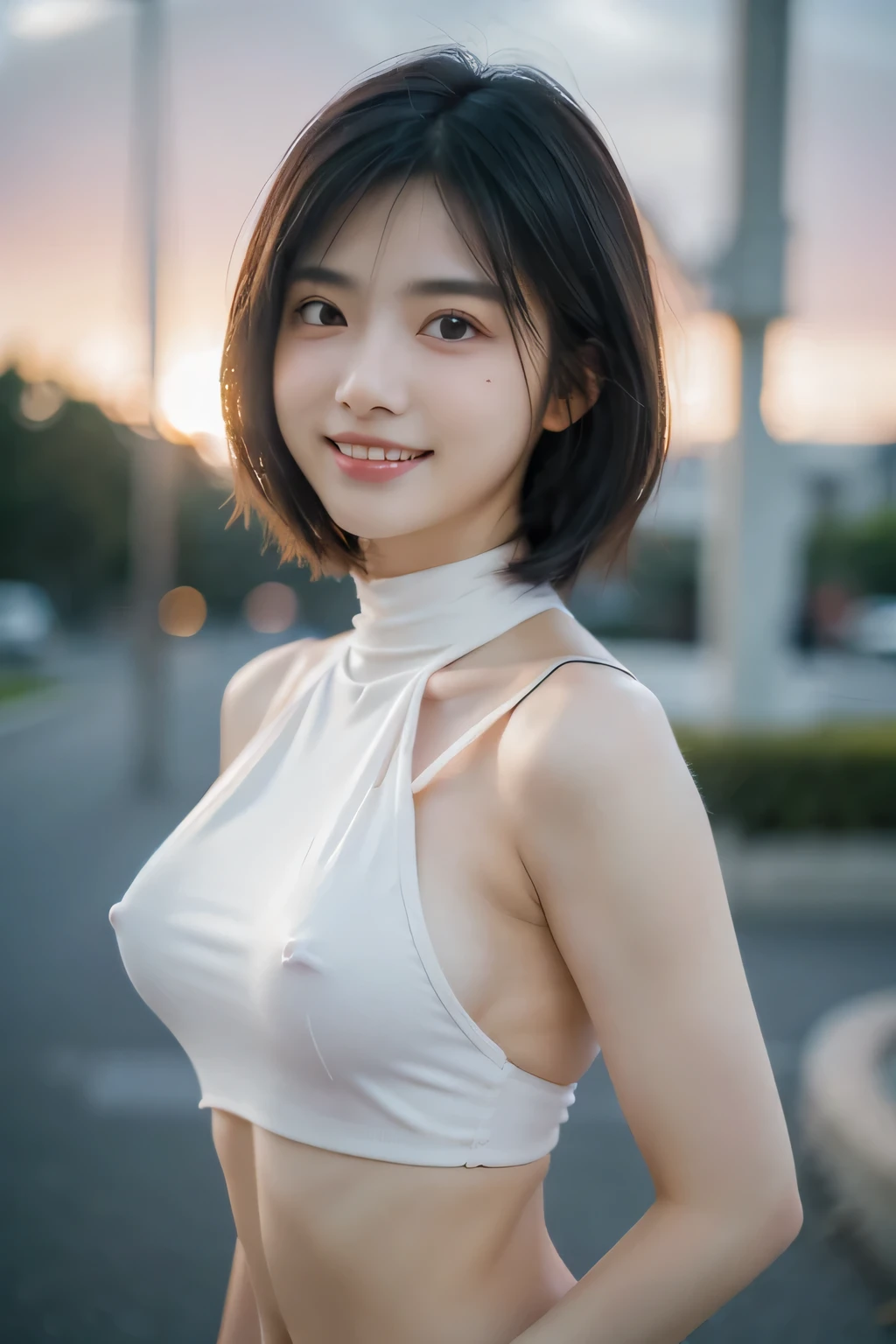 (Hyper Reality: 1.35), (Realistic: 1.4), A beautiful Japanese woman, smile, alone. masterpiece, 最high quality, high quality, alone, Very good, Latin, puberty, Only one girl, Well-trained, muscular, (((Slender figure)), ((slim body)),  ((最high quality)),((Hello)),((Very delicate and beautiful)),((Very shallow depth of field)), Hmph,((Incredibly shallow depth of field)). family friendly)), (((Very delicate and beautiful)), (((Very shallow depth of field))), Hmph, (((Unbelievably absurd))), (((Black Hair )), (((Shortcuts))), (((Bob Hair))), ((( Camera Eye)))), (((small ))), (((smile))), poor, my + background, Dynamic Angle, Focus on women, {Particles of light}, Detailed background, Soft lighting, (dramatic) sunset), sunset, very beautiful sunset, Live Action, Realistic, (blurred background), ((13 years old)),, (((wind:1.5))), ((Movement)), ((emotion)), ((colorful)), ((Baby Face)), ((Beautiful Teeth)), Wither, sea background, No makeup, full body, high neck, Sleeveless, latex, turtleneck,(((underboob))), (((sideboob))) nsfw:1.6, BDSM:1.6, Very fair skin, 