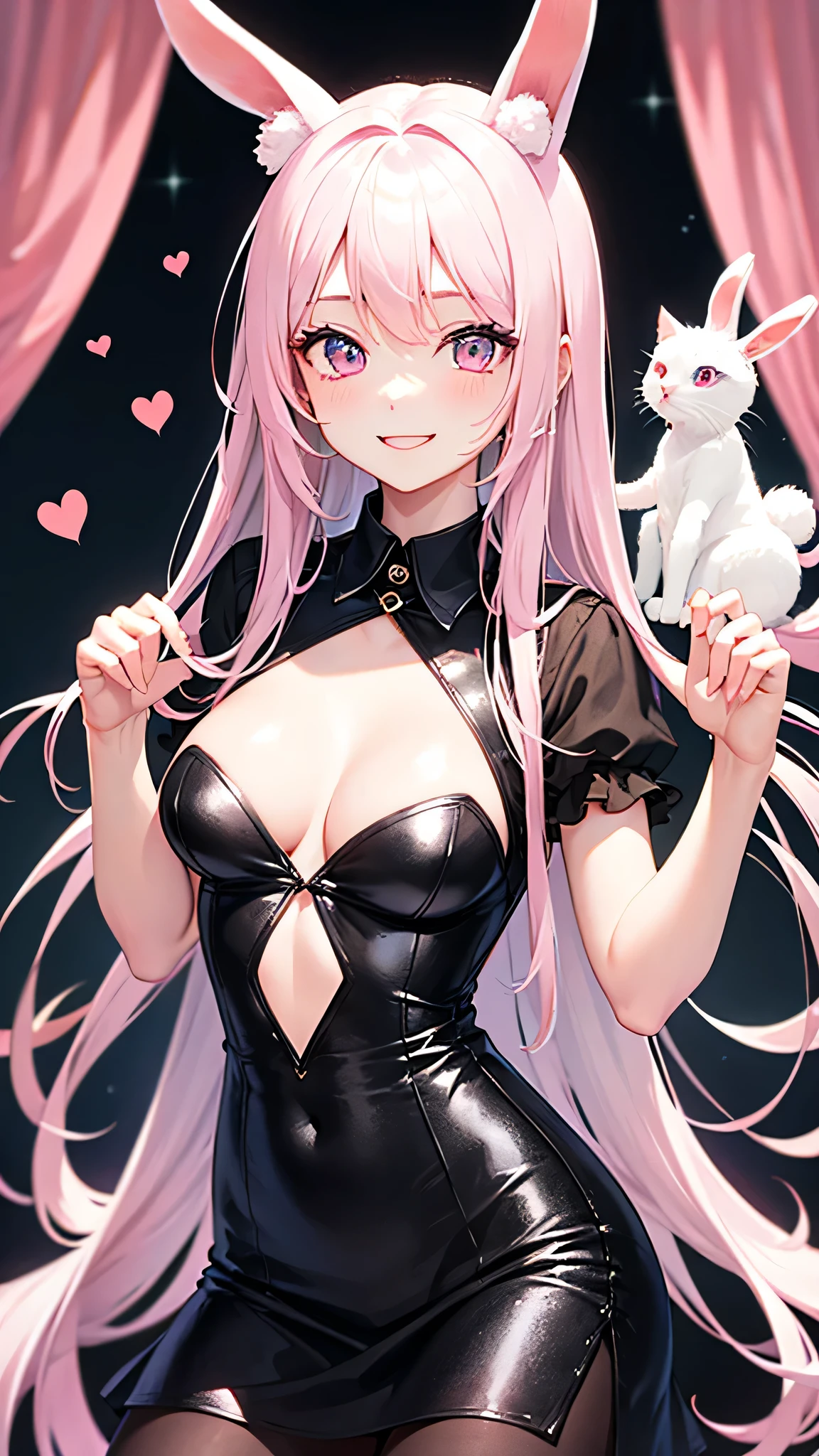 Center of chest,pretty girl,Cat ear,Bunny ears、Beautiful silver hair,Pink inside,Beautiful pink eyes,Black Shirt,Black Skirt,smile, Bunny girl