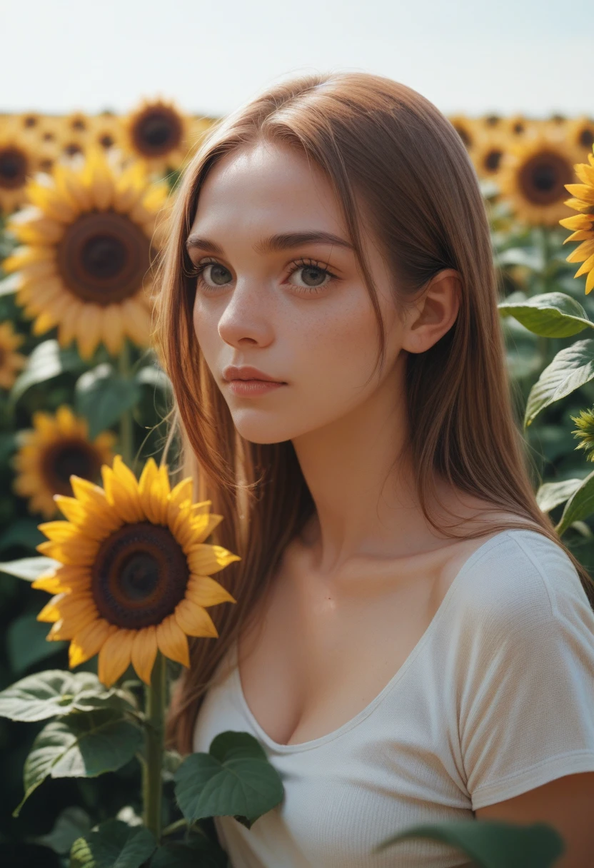 beautiful realistic girl with freckles and skindetails in flower field during golden hour, skin with beautiful nostalgic mood and freckles with emotive face with wet skin and petals falling