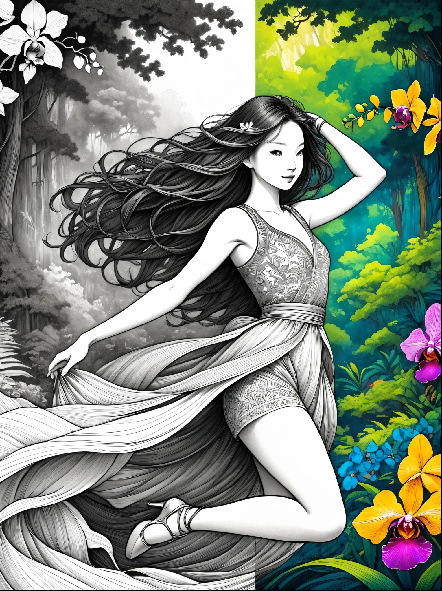 ((Inspired by John Kenn Mortensen)), (1 Dancer:1.3), Floating clothes, Flowing hair,Dynamic poses,

forest，orchid，Artwork should be in pencil sketch style，Transition from black and white on the left half to bright colors on the right half，Ensure seamless integration between the two halves，No dividing line，The scene is the same on both sides，Black and white pencil detail on left side，Right fill color，The mixture formed in the whole image，Perfect details, Strong contrast between light and dark