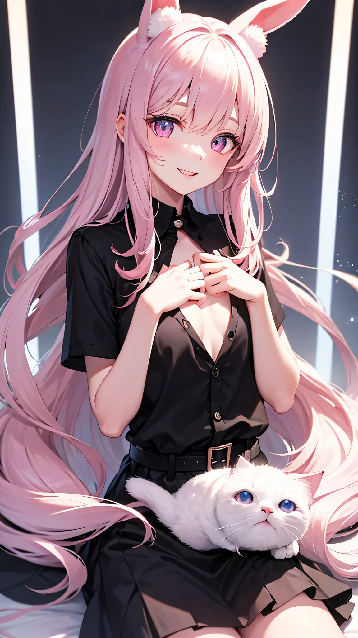 Center of chest,pretty girl,Cat ear,Bunny ears、Beautiful silver hair,Pink inside,Beautiful pink eyes,Black Shirt,Black Skirt,smile, Bunny girl