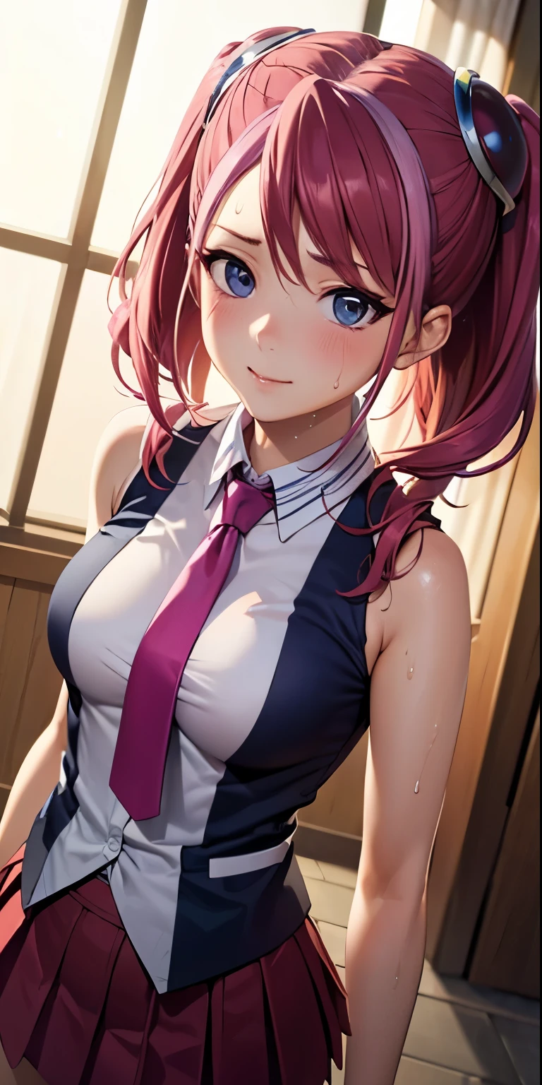 1 Female,High definition,high resolution,Ultra-realistic,8K, hy1, hair ornament, multicolored hair, necktie, skirt, sleeveless, , pink skirt, tight skirt,miniskirt, jewelry,European,sexy,Upper body close-up,Photographed from the front,Dynamic Angles,blush, medium , happy, wink the eye,facial, sweat,multicolored hair 