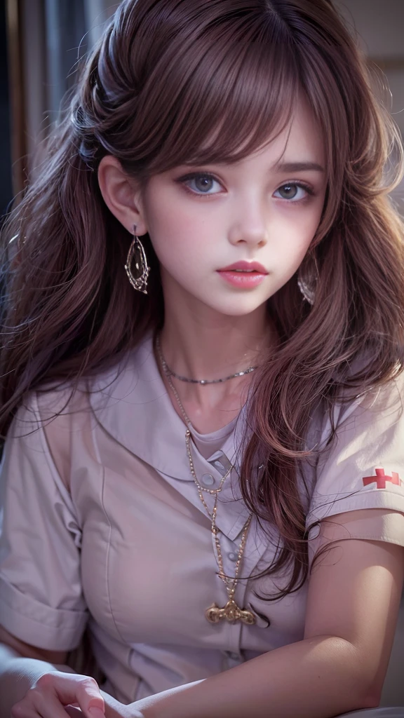 (32K:1.9, Highest quality, masterpiece, Ultra-high resolution), Professional camera work:1.3, Very detailedな肌と顔の質感:1.3, Always accurate, Very detailed, ((23 years old, New Nurse, Corridor of a large hospital:1.4, The moonlight at night illuminates the room)), (Tight skirt nurse uniform:1.4, Incredibly slim body, Large Breasts), Fair skin, elegant, sense of cleanliness, Sensual pose, (Big eyes that exude beautiful eroticism:0.4, A shy smile:1.0, I love you with all my heart:0.8, Please open your mouth a little, lipstick, Feel the beautiful eroticism:0.9), (Dark brown medium hair), Earrings, necklace, bracelet, (romantic, mysterious), Object of admiration, original, dramatic, artistic, Innovative, Charm, Heartful, Fancy, sense of openness, special, exciting, Extreme, Tilt, sense of loss, sorrow, sorrowの表現, ((The charm of youth, Feminine charm))