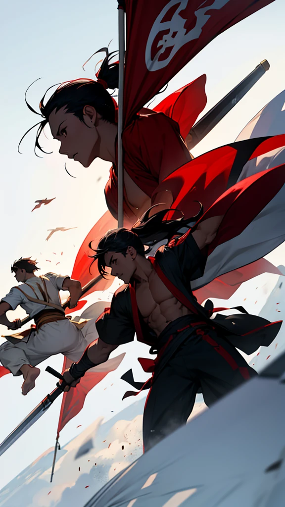 Angry man, Japanese, Cao Cao, brawny, short straight black spiky hair, wearing a red headband, wearing a white karate gi, black karate belt around the waist, face with short beard , five fingers and only 2 arms 