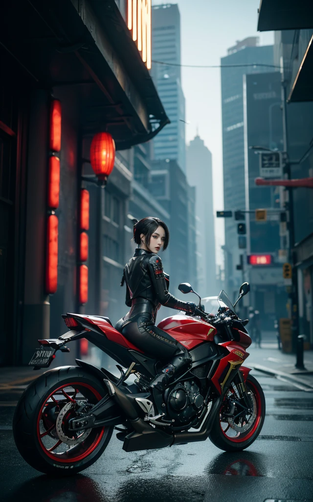 Alien technology fashion , fashion photography , Inspired by Cyberpunk。(best quality,4K,8K,high resolution,masterpiece:1.2), (Practical,Reality,Photo-real:1.37).masterpiece,Game Art,Best picture quality,最high resolution,8K,,Unreal Engine 5 rendering works,(Digital Photography), 20 year old girl,Short hair details,Long bangs,(The red eye makeup is carefully applied),(Large target, Full breasts),Elegance and nobility,Brave and charming,(Riding a big sci-fi cool motorcycle)(Exaggerated sci-fi avant-garde motorcycle) (The future armor combines the characteristics of Chinese armor,hollow-carved design,Power Armor,Mysterious oriental runes,Exquisite clothing patterns,Magic Flash),Future Warrior,Cyberpunk Characters,War Background, light,Ray Tracing,Game CG,((3D Unreal Engine)),OC rendering reflection mode,blur background