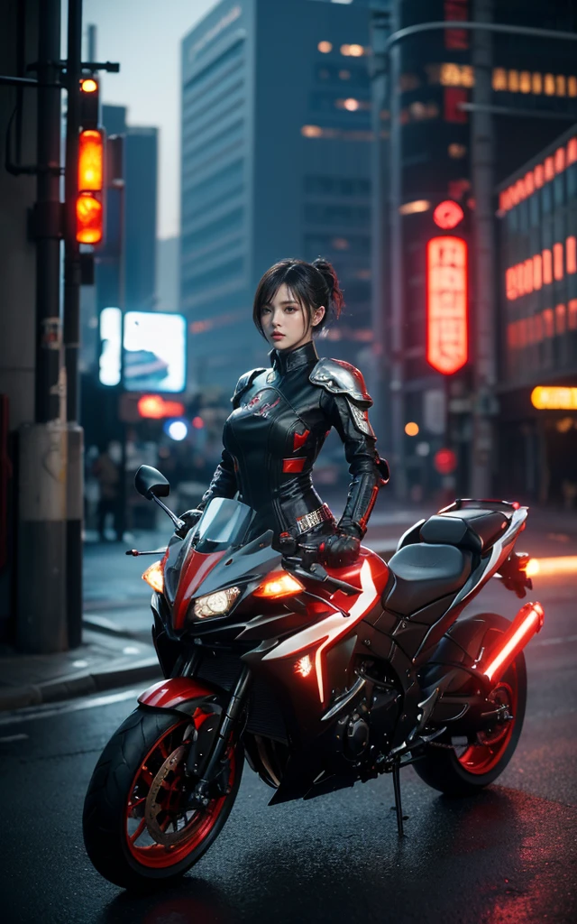 Alien technology fashion , fashion photography , Inspired by Cyberpunk。(best quality,4K,8K,high resolution,masterpiece:1.2), (Practical,Reality,Photo-real:1.37).masterpiece,Game Art,Best picture quality,最high resolution,8K,,Unreal Engine 5 rendering works,(Digital Photography), 20 year old girl,Short hair details,Long bangs,(The red eye makeup is carefully applied),(Large target, Full breasts),Elegance and nobility,Brave and charming,(Riding a big sci-fi cool motorcycle)(Exaggerated sci-fi avant-garde motorcycle) (The future armor combines the characteristics of Chinese armor,hollow-carved design,Power Armor,Mysterious oriental runes,Exquisite clothing patterns,Magic Flash),Future Warrior,Cyberpunk Characters,War Background, light,Ray Tracing,Game CG,((3D Unreal Engine)),OC rendering reflection mode,blur background