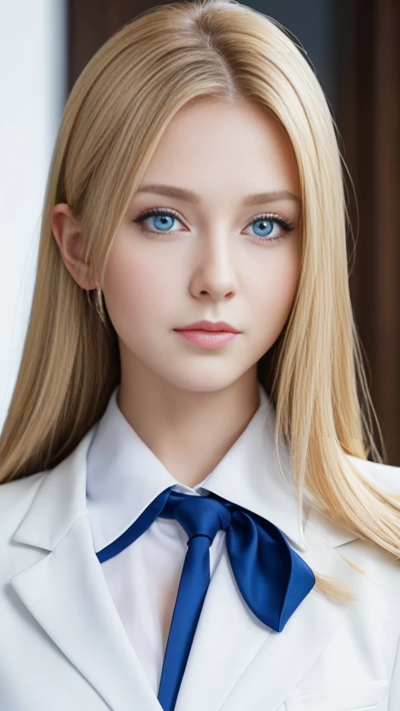 European girl portrait,alone,20-year-old,Beautiful Face,Upper Body,Hair on one eye,Medium Sidecut, Blonde, Sharp focus,White business suit、Blue Eyes、secretary