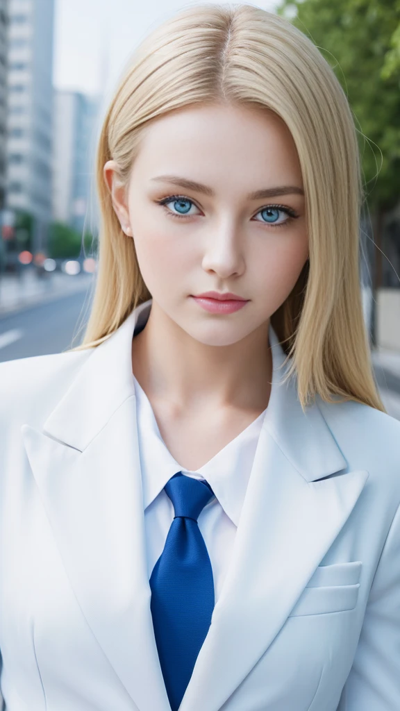 European girl portrait,alone,20-year-old,Beautiful Face,Upper Body,Hair on one eye,Medium Sidecut, Blonde, Sharp focus,White business suit、Blue Eyes、secretary