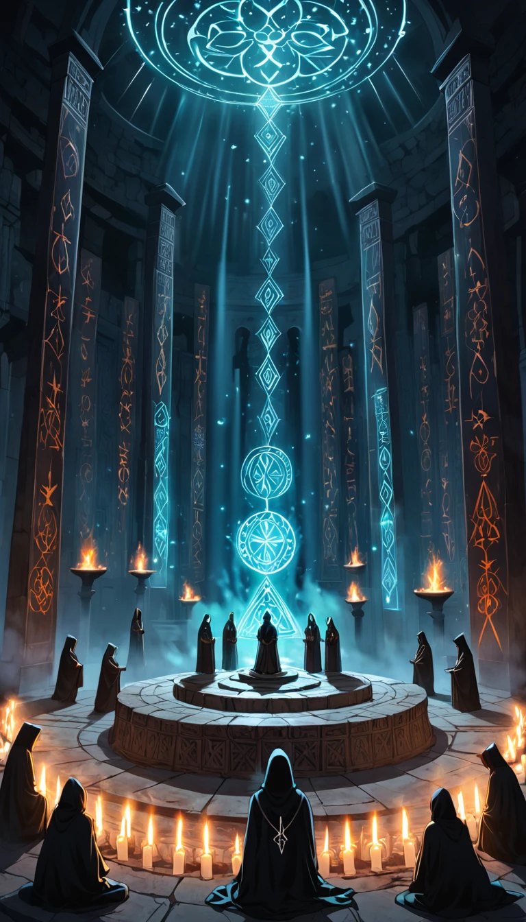 A dark, ancient altar surrounded by hooded figures performing a mystical ritual. Glowing runes and dark spiritual energy fill the air.