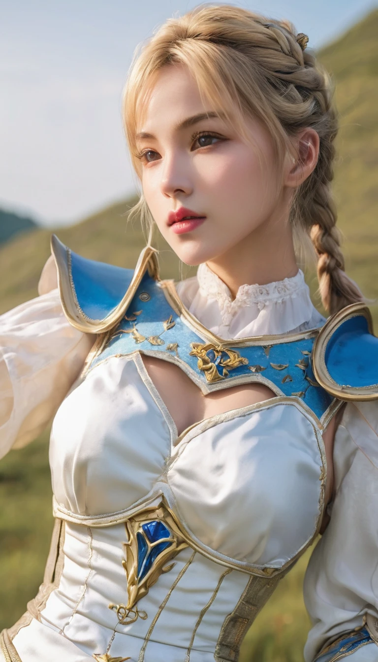 highest quality、16K high resolution、Super detailed、masterpiece、Live shooting、realistic:1.4、hyper realism:1.4、sharp focus、very delicate and beautiful、small details、1 female、(european:1.2)、(blonde warrior girl)、(spread your legs:1.3)、(white panties:1.3)、(cameltoe:1.1)、 (sitting)、(super beautiful)、(beautiful face:1.5)、(plate armor)、(detailed face)、(fine and beautiful eyes)、blue eyes、(detailed lips)、Lipstick、(eyeliner)、mascara、eye shadow、(steel breastplate, steel gauntlets)、 medieval fantasy、(blue mini skirt)、