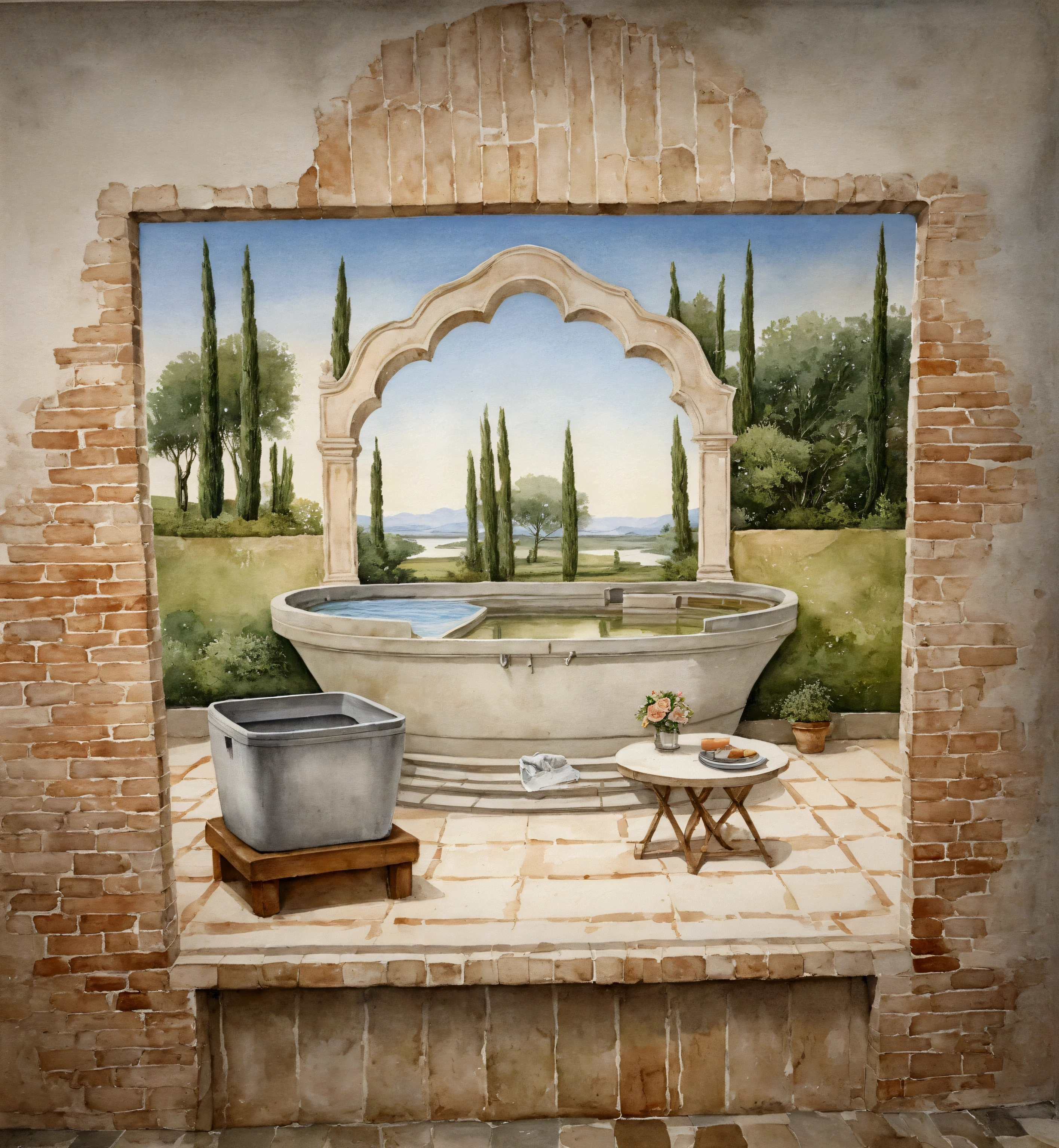 painting of a hot tub with a mirror and a chair in a room, rich details details, inside a frame on a tiled wall, waterway square tiled room, detailed matte painting, brilliant detail, detailed painting, vignette, hot tub, 3 d oil painting, inspired by Fra Filippo Lippi, detailed painting a óleo sobre tela, exquisite rendering, beautiful detailed miniature