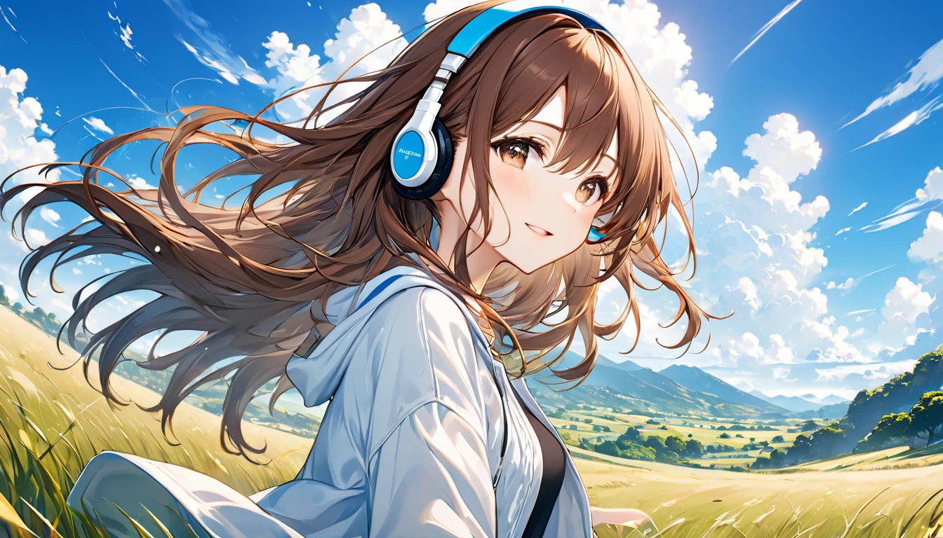 Brown-haired girl wearing headphones、Tales of the Wind - Very detailed、masterpiece, Highest quality, Bright - against a blue sky、A happy look、Casual clothing、My hair is blowing in the wind in the grassland
(Detailed fingers), (Emotional), (Breathtakingly beautiful), (main part:1.2 Whole body), (Anime Style), (Very detailed), (超High resolution, High resolution), (8k), (Complex and beautiful: 1.2)