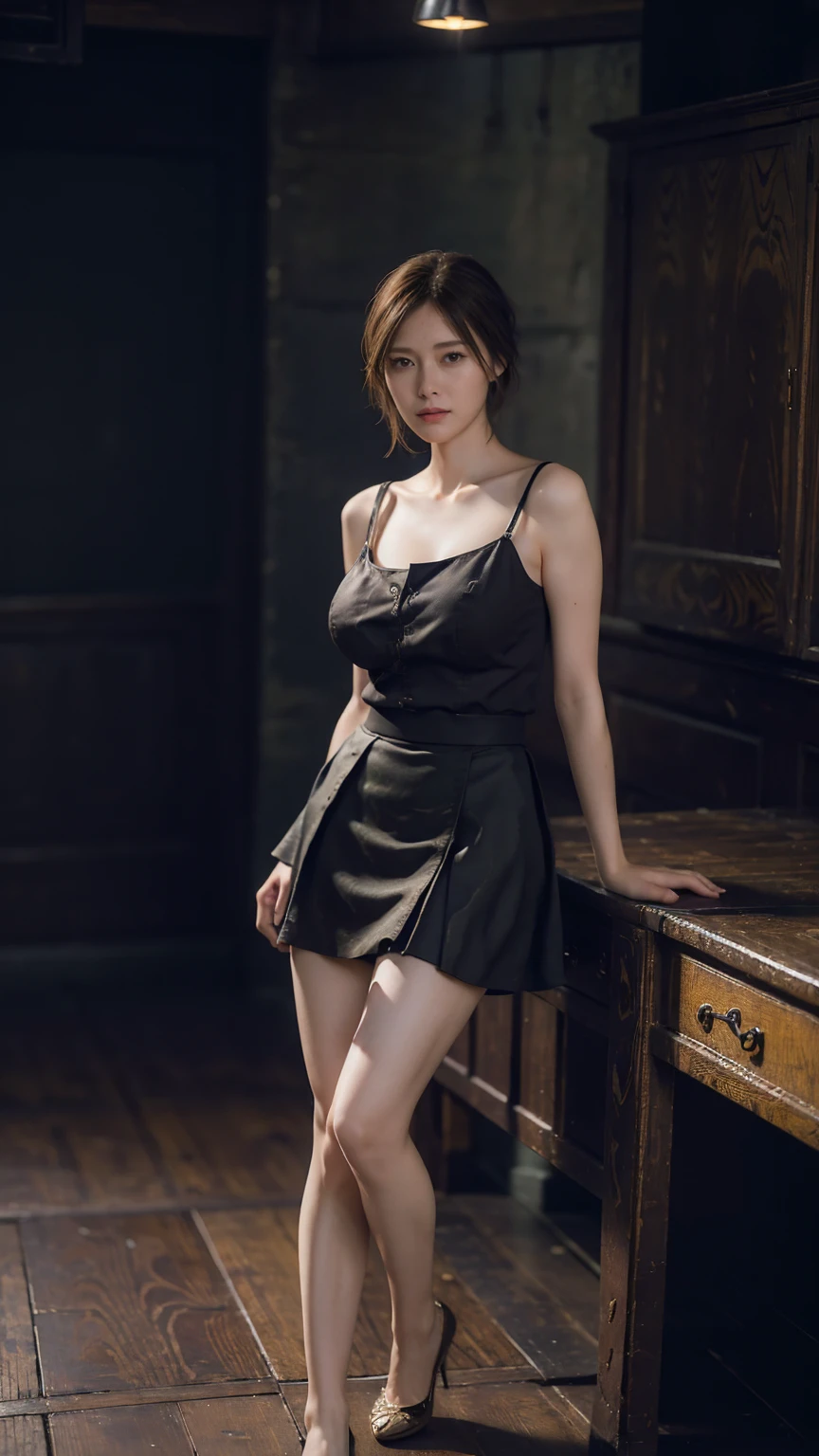 1girl, woman, masterpiece, best quality, highest quality, cinematic lighting, (volumetric lighting), extremely detailed CG unity 8k wallpaper, focused, 8k wallpaper, extremely detailed, ultra realistic, photorealistic, sharp focus, absurdres, (HDR:1.2), (high contrast), photograph, detailed and intricate, instagram, portrait, highly detailed, digital painting, artstation, concept art, smooth, sharp focus, illustration, cinematic lighting, (natural big breast), black short skirt, eyes looking at the viewer, ((medium shoulder)), (skinny legs), (slender body), (((height 163cm))), (HQ skin:1.4, Realistic human body structure), (Full body:1.4), (aerial shot photo), (wearing knit strap tanktop, short skirt), (real skin of thighs)