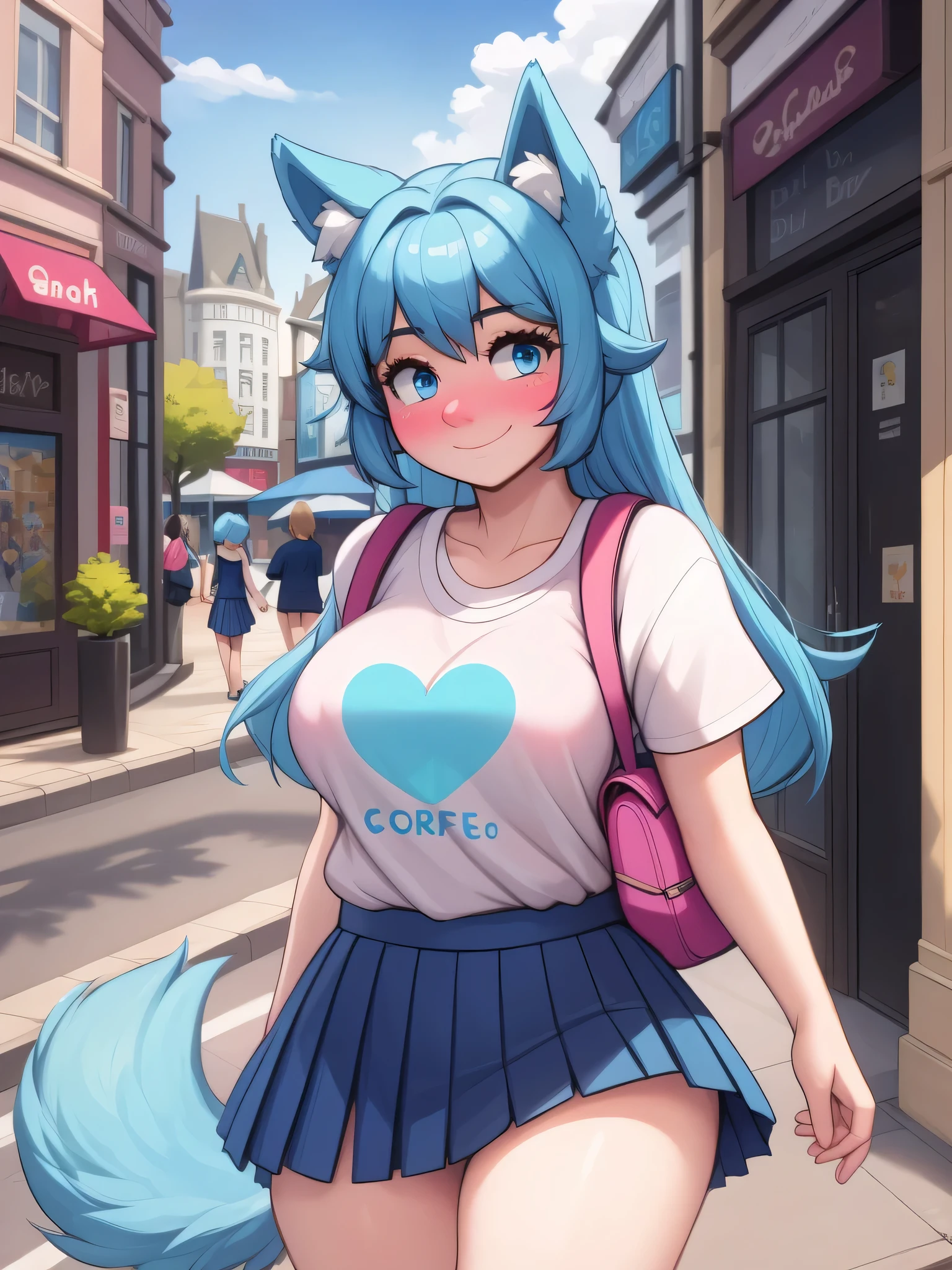 (Masterpiece) (High Detail) (High Res) A close up of short little slim humanoid girl with pale human skin and blue eyes and long blue hair and blue dog ears and a fluffy blue dog tail and average breasts. She is walking through a busy city street, lots of tourists, cute cafe and outdoor seating. She is wearing a I <3 London t-shirt and a pleated skirt. She has a rucksack on. She is blushing slightly and is smiling.