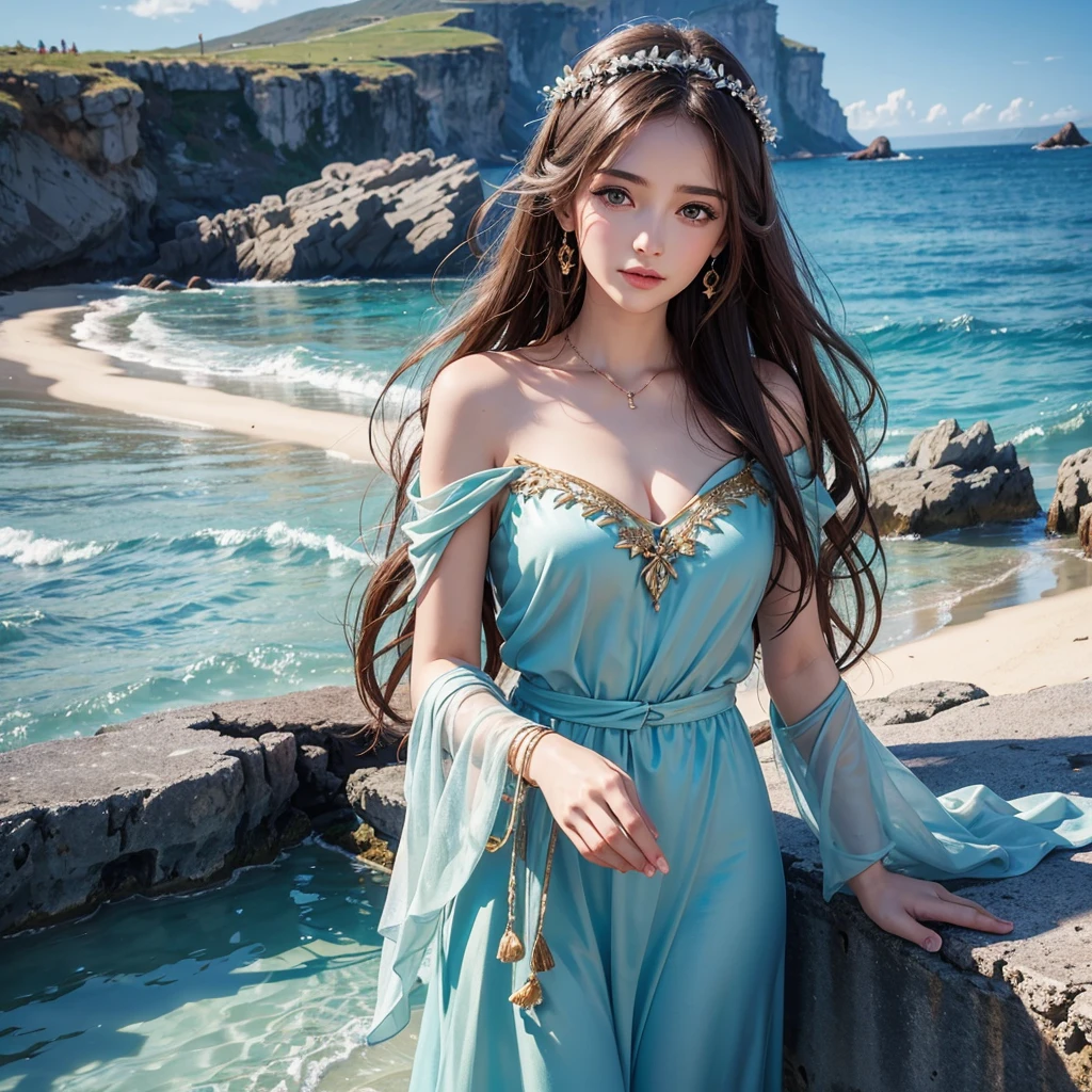 Highly realistic, 8k, Girl in beautiful greek goddess look, sea shore background,