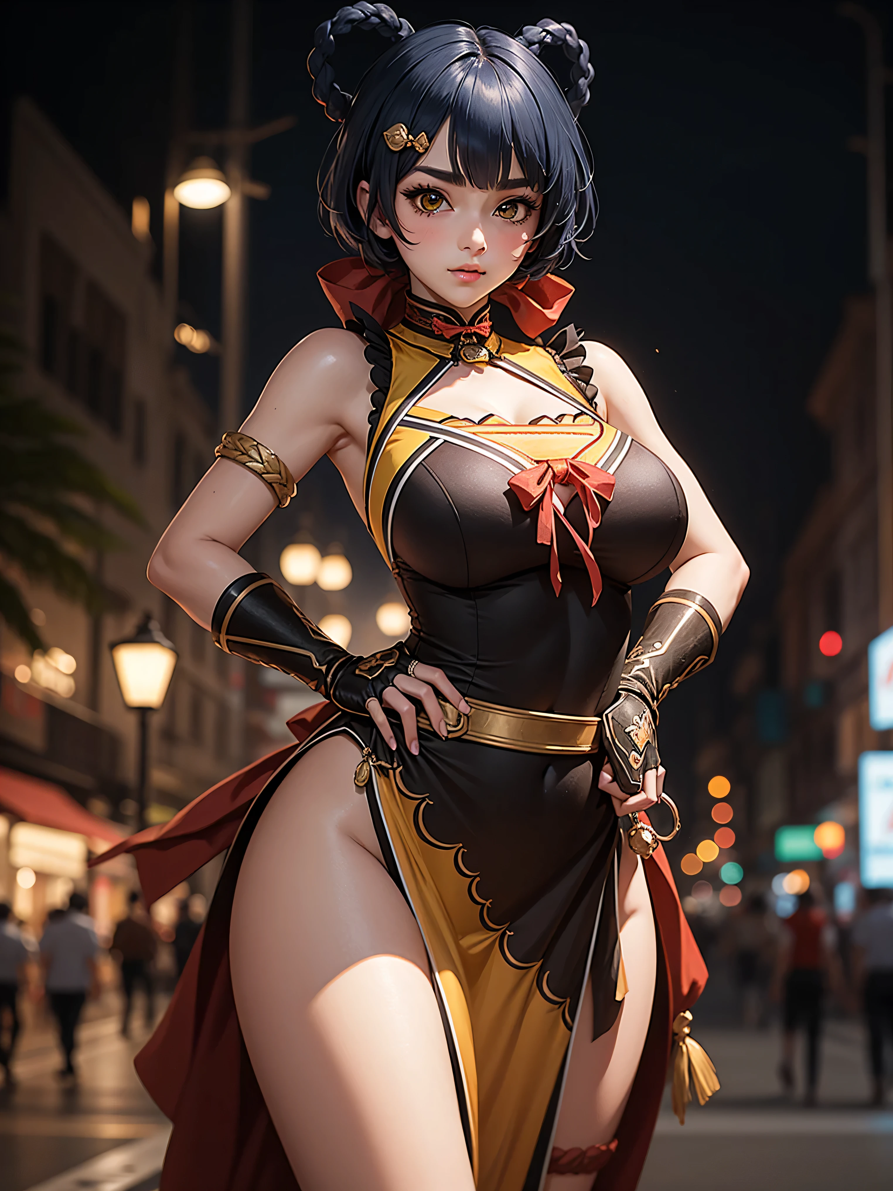 Masterpiece, high quality, blurry background, hd, 4k, night,xianglingdef, (gigantic breasts), outdoors, standing, blush, looking at viewer, dynamic poses, 