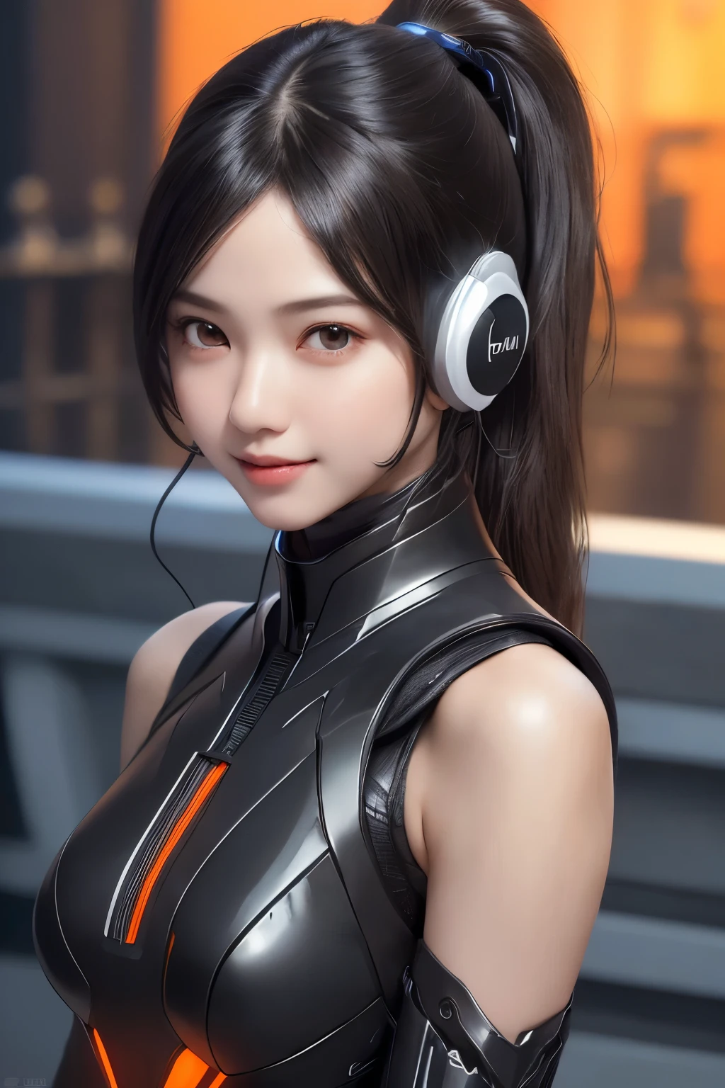 Top Quality, Masterpiece, Ultra High Resolution, (Photorealistic: 1.4), Raw Photo, 1 Girl, Black Hair, Glossy Skin, 1 Mechanical Girl, (((Ultra Realistic Details)), Portrait, Global Illumination, Shadows, Octane Rendering, 8K, Ultra Sharp, Intricate Ornaments Details, realistic skin, sweat effect, ((wearing Headphone)), very intricate detail, realistic light, CGSoation trend, brown eyes, glowing eyes, matte black and glossy orange mechanical bodysuit, Long hair, black hair, Ponytail hair, Half body shot, spaceship bridge background, dynamic pose, cute smile, close up, Open Mouth, facing audience