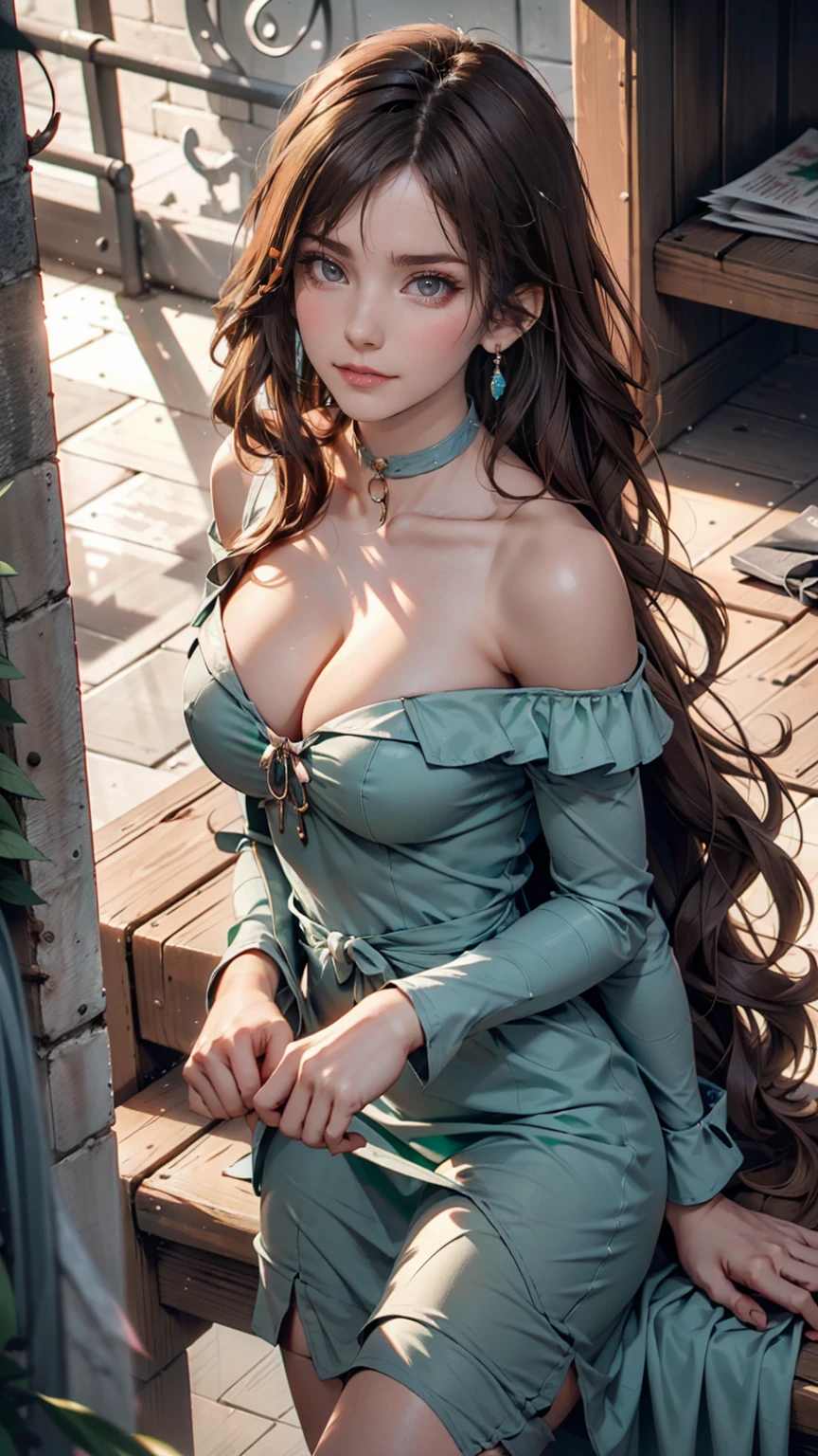 Wavy long hair, Brown Hair, One girl, Emerald Eyes, Shake with two fingers, Pink Lips, Pastel green off-the-shoulder dress,Sexy proportions、Thick choker、Old concrete wall、The sunlight shines from above、Dark shadows