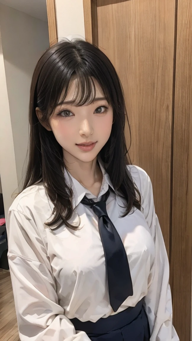 masterpiece, Highest quality, Very detailed, shape, Great lighting, Structure of the film, Isoscale, One Girl, alone, cute, Brown eyes, Black Hair, Swept-apart bangs, one side lock, Red Hair Clip, White collared shirt, Black tie, Black Mini Skirt, formal, Captivating Gaze, Seductive pose, indoors, office, door, opening door, View your audience, Show one&#39;Upper Body, blush, Captivating smile, Mouth closed,(8k:1.1),