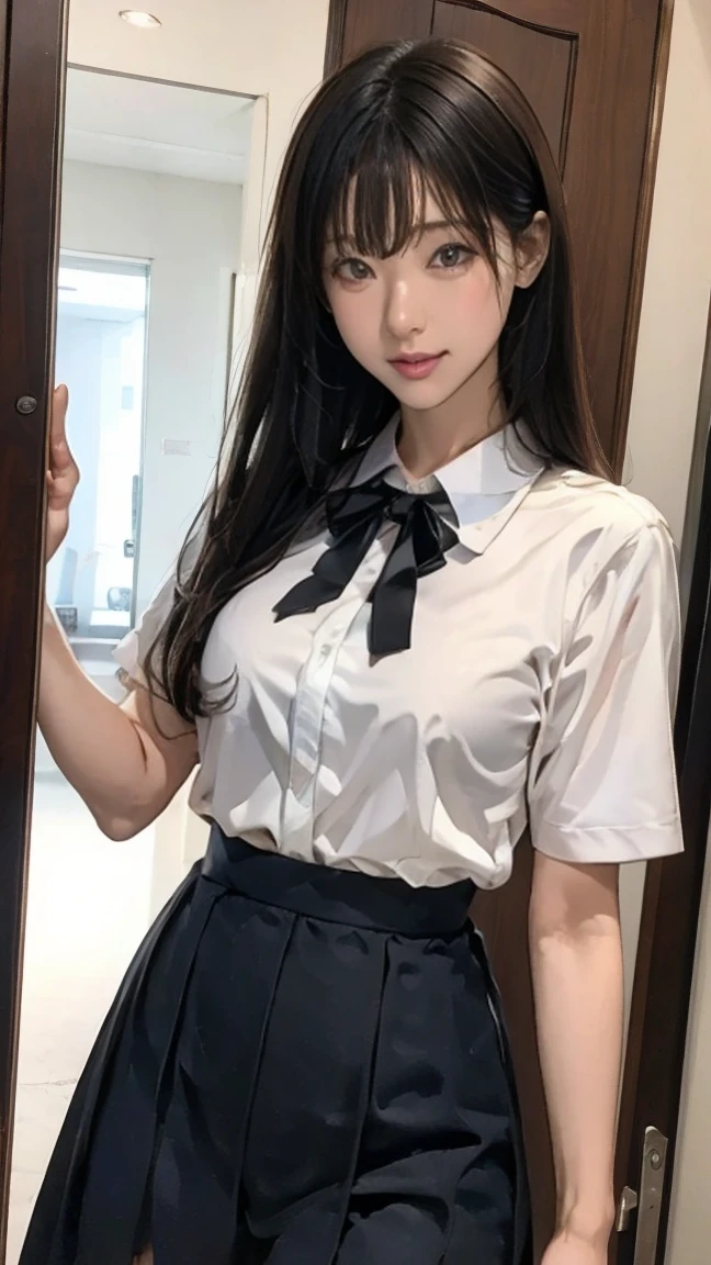 masterpiece, Highest quality, Very detailed, shape, Great lighting, Structure of the film, Isoscale, One Girl, alone, cute, Brown eyes, Black Hair, Swept-apart bangs, one side lock, Red Hair Clip, White collared shirt, Black tie, Black Mini Skirt, formal, Captivating Gaze, Seductive pose, indoors, office, door, opening door, View your audience, Show one&#39;Upper Body, blush, Captivating smile, Mouth closed,(8k:1.1),