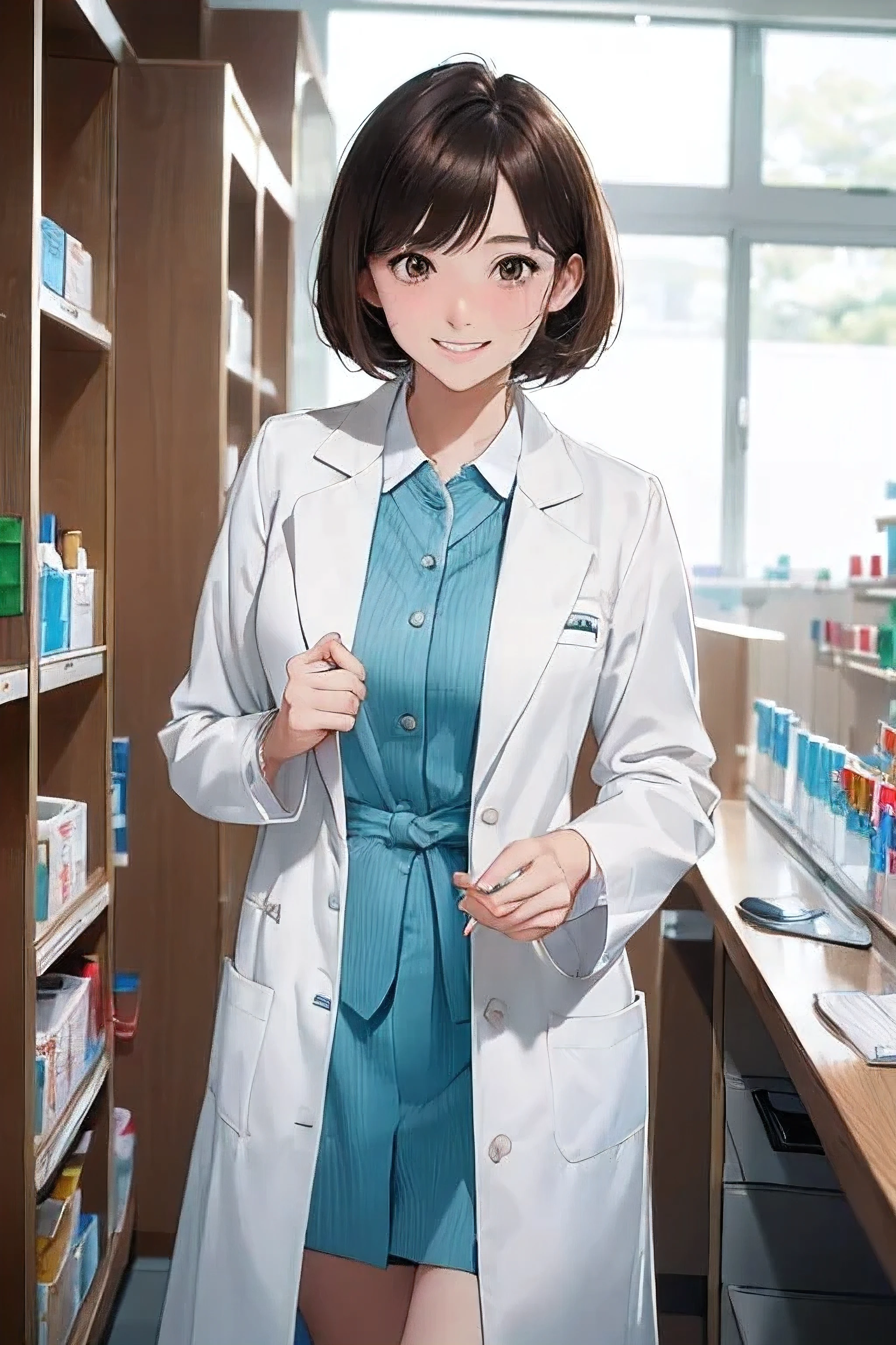 Female Pharmacist, (Looking directly at me:1.3), (Courteous service without tilting your head:1.2), (White Cheeks:1.3), (A white coat that hides the body line:1.3), (no body line:1.3), (super short hair:1.3), (Giddy Smile:1.2), cowboy shot, -year  school stair, BREAK, at science room