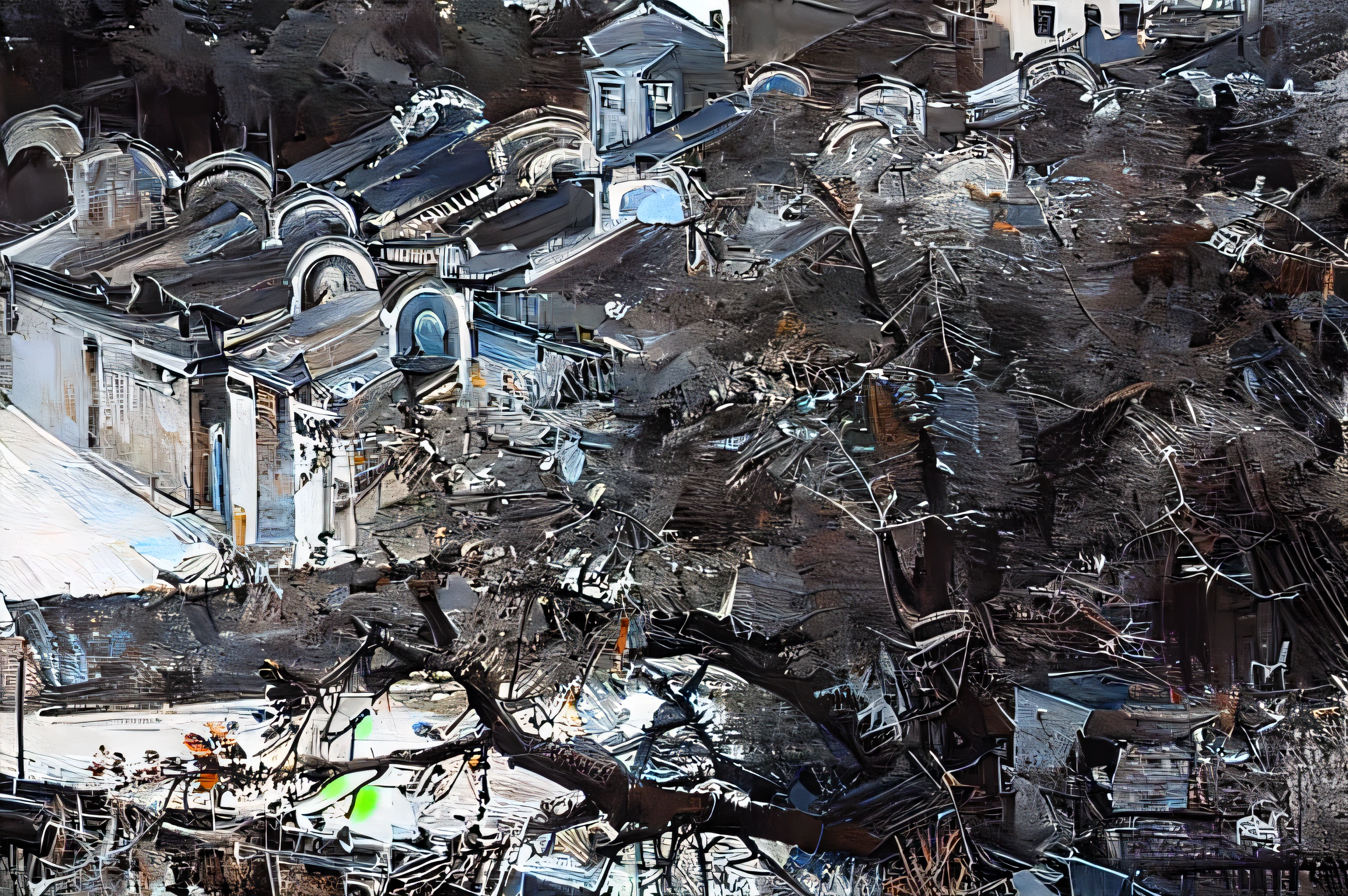 A landscape sketch of a building with a clock tower, roof, Hiding on the roof, roof forest, Winding tree branches nearby, The roof of the ancient building in the distance, Curved tree, tree town, city buildings on top of trees, painting,Impressionist dream Chinatown, The faintly visible trees,