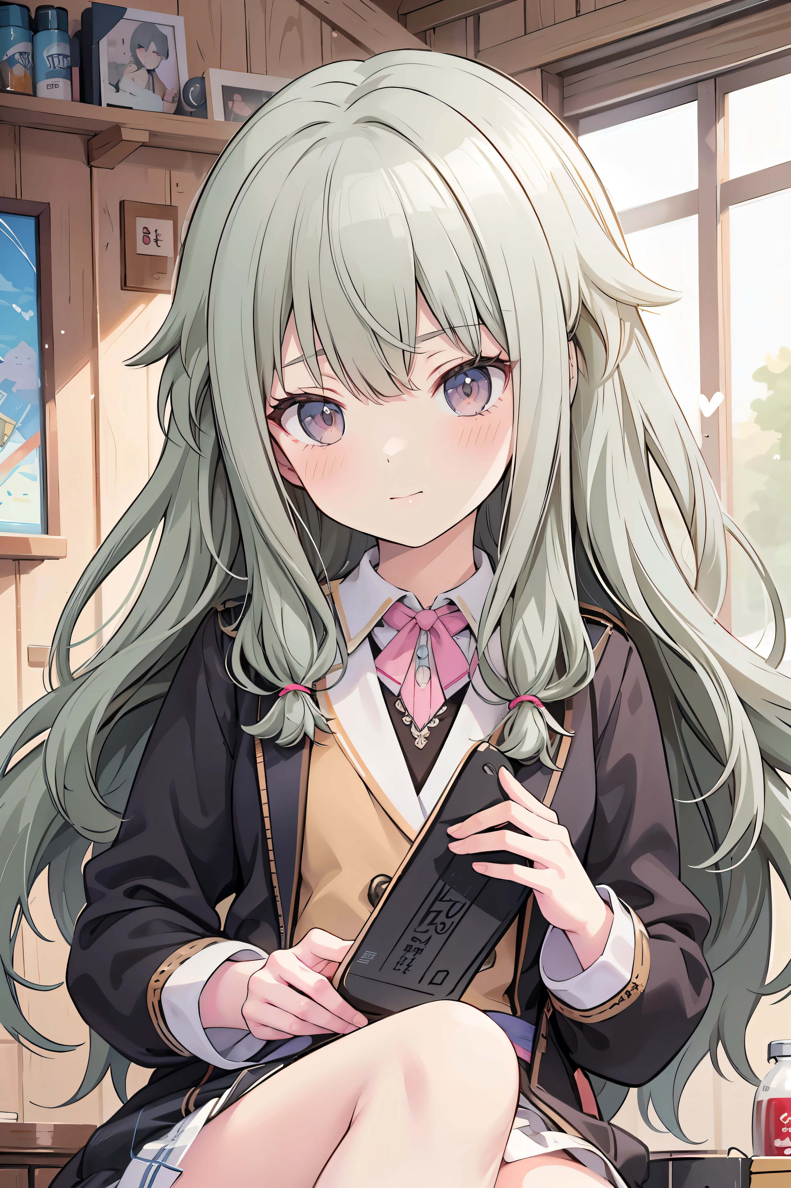 (8k, 最high quality)、Ultra-high resolution、adorable、最high quality, beautiful, (((Absurd beauty)))、masterpiece、Best image quality、(Front facing)、good feeling、smile,Face the camera、Delicate eyes、smile、Small face、female、1 person、masterpiece, Most detailed、、blazer、 high quality、♡、heart、Shiny Hair、Very fine and beautiful bright eyeedium chest、nose blush、Very detailed, clear and beautiful face, Awards, (Anatomically correct)、breast enhancement
