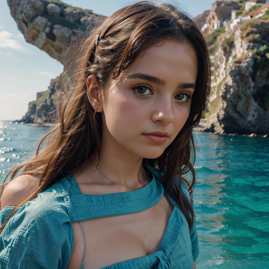 Highly realistic, 8k, Girl in beautiful greek goddess look, sea shore background,