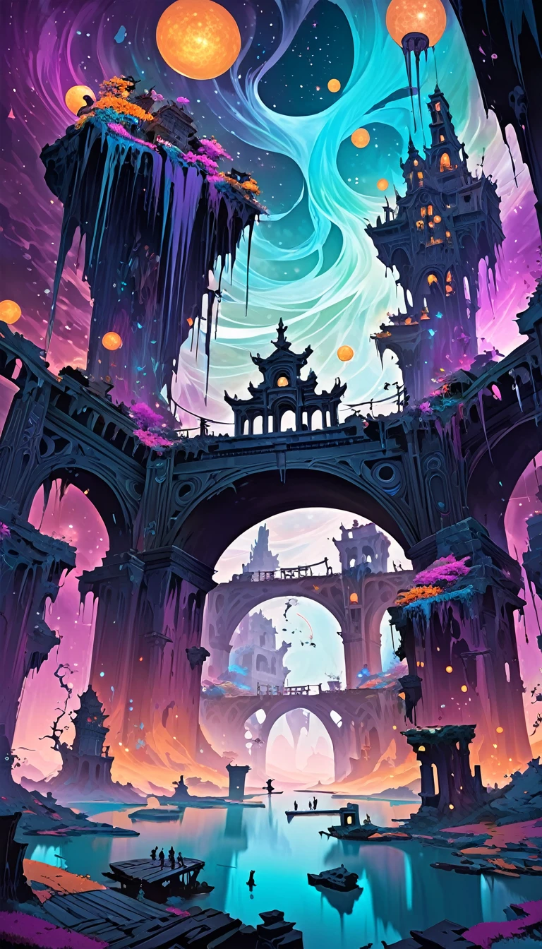 A surreal landscape of dark, swirling colors and ghostly figures floating through space. Ethereal bridges connect floating islands covered in mysterious ruins.