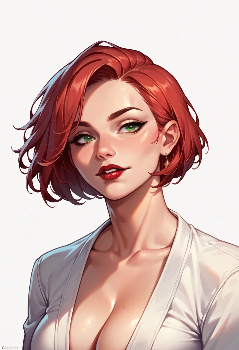 masterpiece, (high resolution), (high quality), beautiful adult woman, ((caucasian skin)), red hair, short hair, seductive face, ((white background)), red lipstick, green eyes, busty, white pants, portrait
