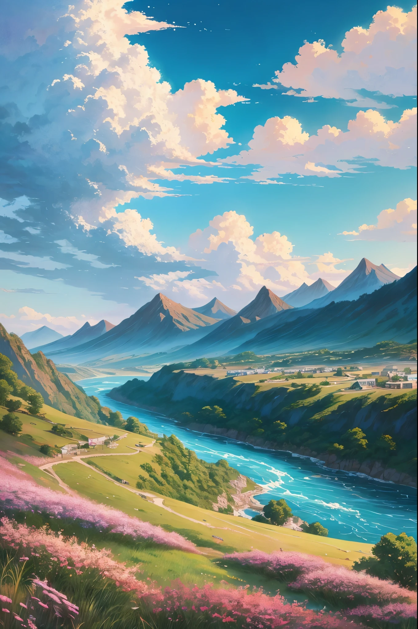 ((anime風景壁紙: 1.2, Width 672, Beautiful Art UHD 4K: 0.8), (anime country landscape, anime nature, anime), anime cloud, Landscape painting, Spectacular landscapes), (anime style art style, Detailed landscape, Beautiful fluffy clouds: 1.2, Landscape Background), bright, bright絵 (Field, Painting of mountains and rivers, anime theme), )