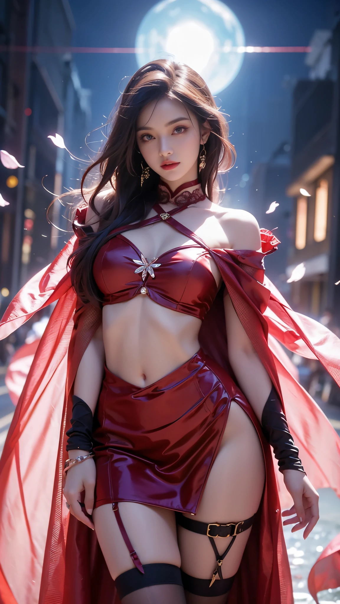 8K, ultra hd, masterpiece, hd colors, 1 girl, perfect face, very long curly hair, detailed eyes, detailed dress, ((red anddress)), stocking, flower lace, ((mesh ribbon)), sardine, straps, net clothing, loops, ((flowing cape)), bare navel, jwellery, waterside, Realistic scenery, epic scenery, sun rising, night, clouds, Butterfly, blossom, blowing wind, perfect pose, ray tracing, bloom, upper body,