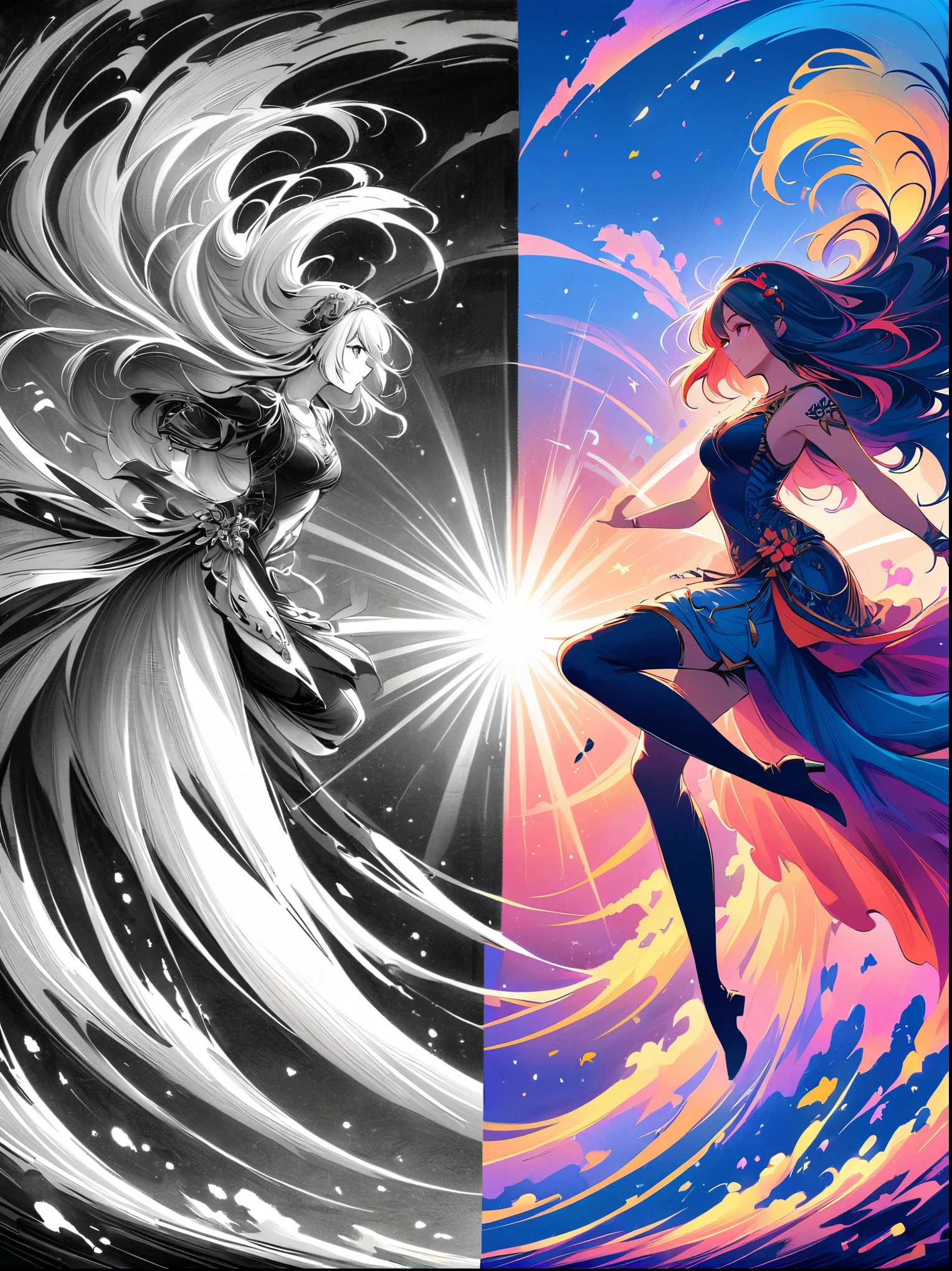 ((Inspired by John Kenn Mortensen)), (1 Dancer:1.3), Floating clothes, Flowing hair,Dynamic poses,
forest,orchid,Artwork should be in pencil sketch style,Transition from black and white on the left half to bright colors on the right half,Ensure seamless integration between the two halves,No dividing line,The scene is the same on both sides,Black and white pencil detail on left side,Right fill color,The mixture formed in the whole image,Perfect details, Strong contrast between light and dark