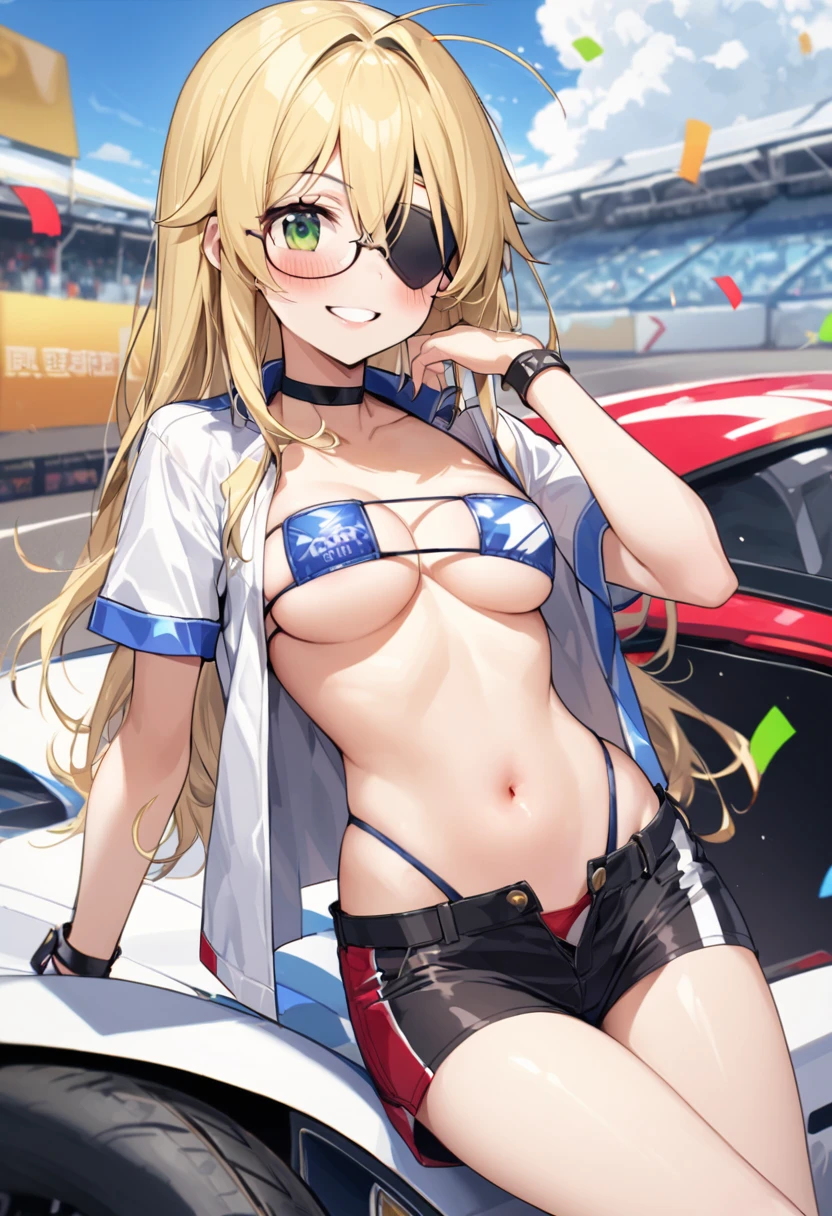 1 girl、solo、Long Hair、chest、Staring at the audience、blush、smile、Blonde Hair、大きなchest、belly button、chestの谷間、Sitting、Close your mouth、Green Eyes、Swimwear、Short sleeve、Eyepatch bikini、Thighs、Outdoor、Open clothes、null、Glasses、Shorts、choker、noon、cloud、stomach、青null、Shorts、Underbust、（黒Eyepatch bikini）、High leg、黒choker、黒Shorts、Hair Intake、地上car両、自動car、car、Open Fly、Confetti、眼帯High legビキニ、Micro Shorts、Race Queen