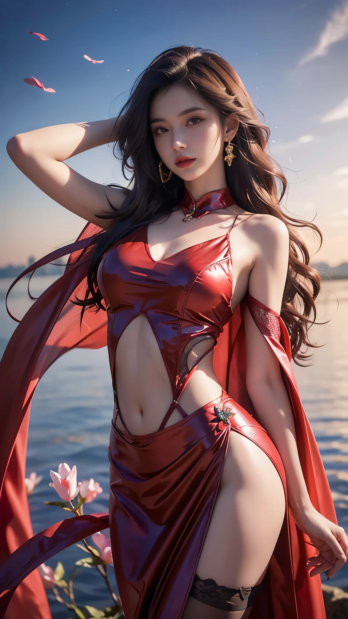 8K, ultra hd, masterpiece, hd colors, 1 girl, perfect face, very long curly hair, detailed eyes, detailed dress, ((red anddress)), stocking, flower lace, ((mesh ribbon)), sardine, straps, net clothing, loops, ((flowing cape)), bare navel, jwellery, waterside, Realistic scenery, epic scenery, sun rising, night, clouds, Butterfly, blossom, blowing wind, perfect pose, ray tracing, bloom, upper body,