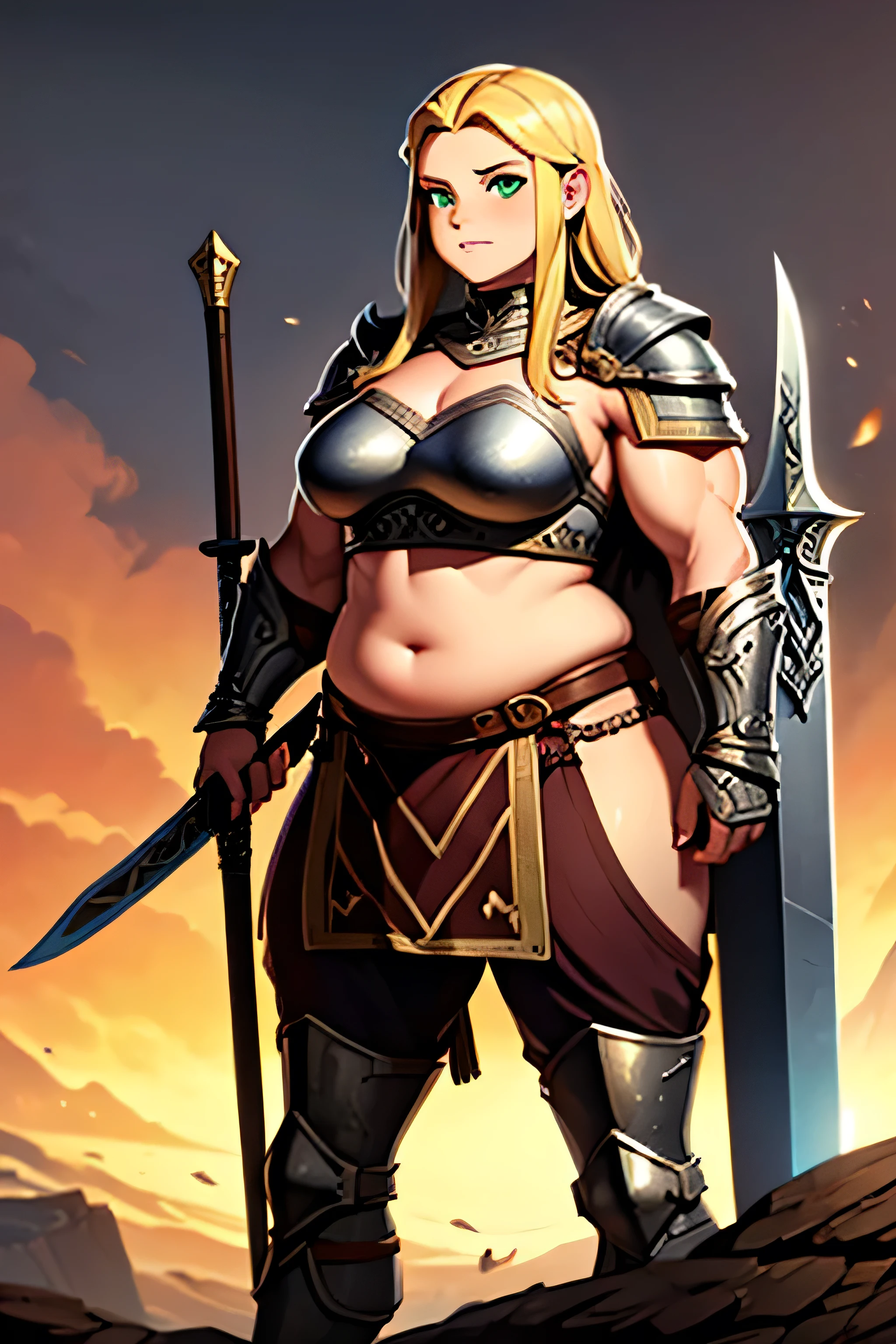 Chubby woman, blonde hair, green eyes, muscular legs and arms, warrior, Viking, big sword, fantasy style, silver armor
