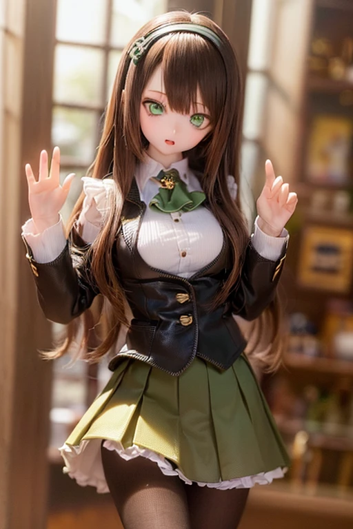 (SFW:2), photorealistic, realistic photo, 8k, ((highest quality)), ((masterpiece)), (extremely detailed), kukolnydom, doll, (mature woman, 21yo, 21 years old, solo:1.6), ((cowboy shot, head tilt, waving, slim, slender, skinny, medium breasts, hairband, ascot, vest, blouse, long puff sleeves, pleated skirt, black pantyhose)), (green eyes, brown hair, long hair, plastic skin, looking at another, glass eyes, gradient eyes, shining eyes, detailed eyes:1.3)
