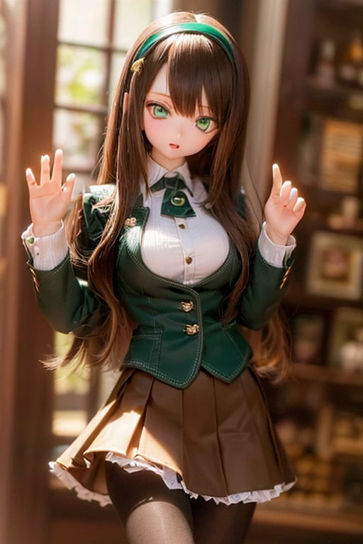 (SFW:2), photorealistic, realistic photo, 8k, ((highest quality)), ((masterpiece)), (extremely detailed), kukolnydom, doll, (mature woman, 21yo, 21 years old, solo:1.6), ((cowboy shot, standing, slim, slender, skinny, medium breasts, hairband, ascot, vest, blouse, long puff sleeves, pleated skirt, black pantyhose)), (green eyes, brown hair, long hair, plastic skin, looking at another, glass eyes, gradient eyes, shining eyes, detailed eyes:1.3)