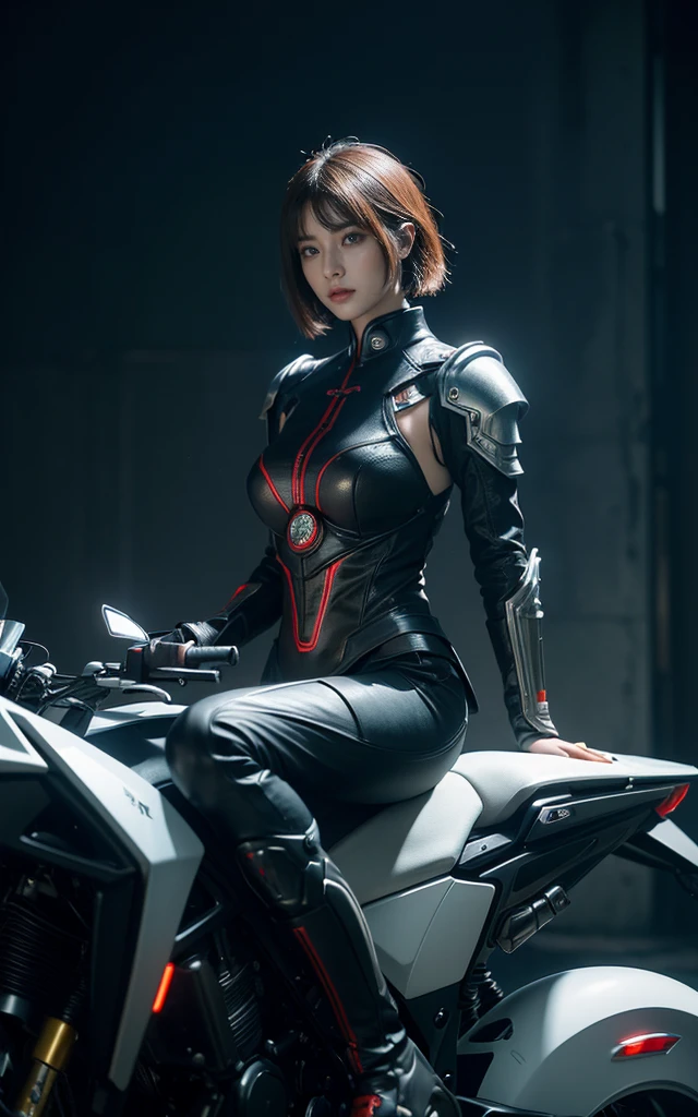 Alien technology fashion , fashion photography , Inspired by Cyberpunk。(best quality,4K,8K,high resolution,masterpiece:1.2), (Practical,Reality,Photo-real:1.37).masterpiece,Game Art,Best picture quality,最high resolution,8K,,Unreal Engine 5 rendering works,(Digital Photography), 20 year old girl,Short hair details,Long bangs,(The red eye makeup is carefully applied),(Large target, Full breasts),Elegance and nobility,Brave and charming,（Half-length photo）（Riding a big sci-fi cool motorcycle)（Exaggerated sci-fi avant-garde motorcycle） (The future armor combines the characteristics of Chinese armor,hollow-carved design,Power Armor,Mysterious oriental runes,Exquisite clothing patterns,Magic Flash),Future Warrior,Cyberpunk Characters,War Background, light，Ray Tracing，Game CG，((3D Unreal Engine))，OC rendering reflection mode，blur background