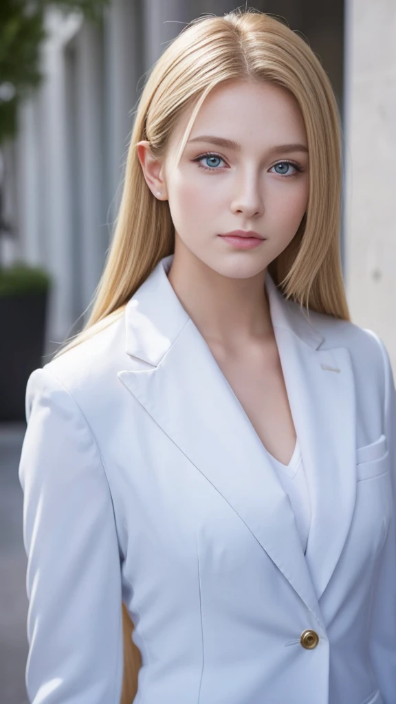 European girl portrait,alone,20-year-old,Beautiful Face,Upper Body,Hair on one eye,Medium Sidecut, Blonde, Sharp focus,White business suit、Blue Eyes