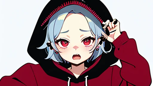 masterpiece、Highest quality、One girl、Upper Body、short hair、Hair with a single color、Vampire wind、Sad expression、blush、Open your mouth、Show your fangs、Stylish earrings、Ring Accessories、Wear a hoodie、Put on the hood、Put your hands on your face、I can&#39;t see my hands、Spider Pattern Background