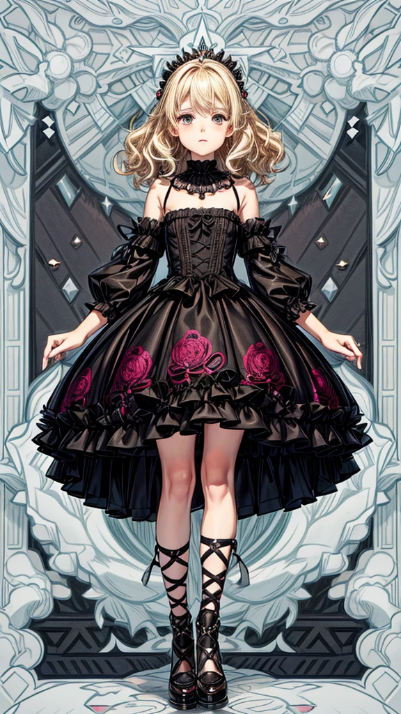 Sophia, the Middle Sister Physical Description:
Sophia is an intriguing figure with blonde hair in a Chanel style., voluminous and wavy, that fall just above the shoulders. she has 1,67 meters high, a slightly round face, rosy cheeks, a discreet nose, and a simple mouth. His green, almost brown eyes reveal a cunning depth..
Clothing:
She dresses in a gothic lolita style, with clothes richly decorated with ruffles and embroidery. Your dresses and skirts, in calm tones like pink, red and violet, reach just below the knees, and are combined with black low-heeled pumps (about 3cm) and white socks.
Personalidade:
Despite her sweet and graceful appearance, Sophia is the most insidious and dangerous of the five sisters. She uses her delicate image as a weapon, deceiving everyone around you. His true character is cold and calculating, capable of causing chaos with a soft smile on his lips.
Scenario:
Place Sophia in a scenario of civil chaos or public disorder, like a city in ruins, where the contrast between his appearance and the environment around him highlights his dangerous nature.