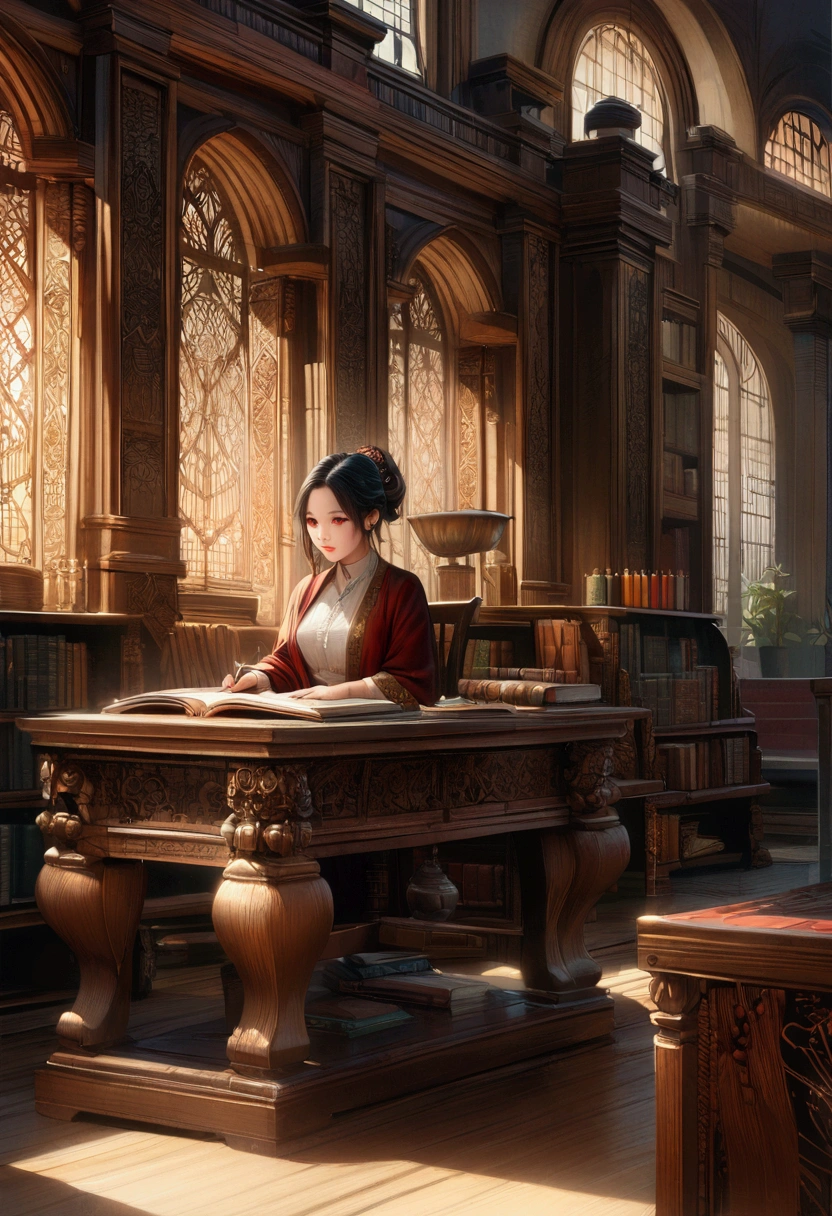 1girl, beautiful detailed eyes, beautiful detailed lips, extremely detailed face and eyes, longeyelashes, holding a book, reading in a library, intricate ornate bookshelf, warm lighting, intricate ornate wooden furniture, classic interior, oil painting style, photorealistic, 8k, highres, masterpiece, ultra-detailed, highly detailed, hyper detailed, cinematic lighting, dramatic lighting, vibrant colors, intricate details, elegant, refined, sophisticated, classical architecture, classic literature, Indonesian literature, calligraphy, cultural aesthetic