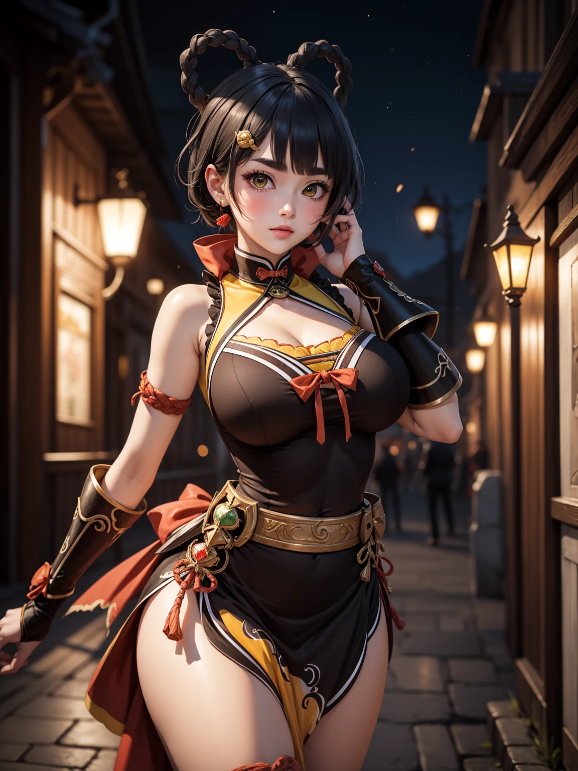 Masterpiece, high quality, blurry background, hd, 4k, night,xianglingdef, (gigantic breasts), outdoors, standing, blush, looking at viewer, dynamic poses,