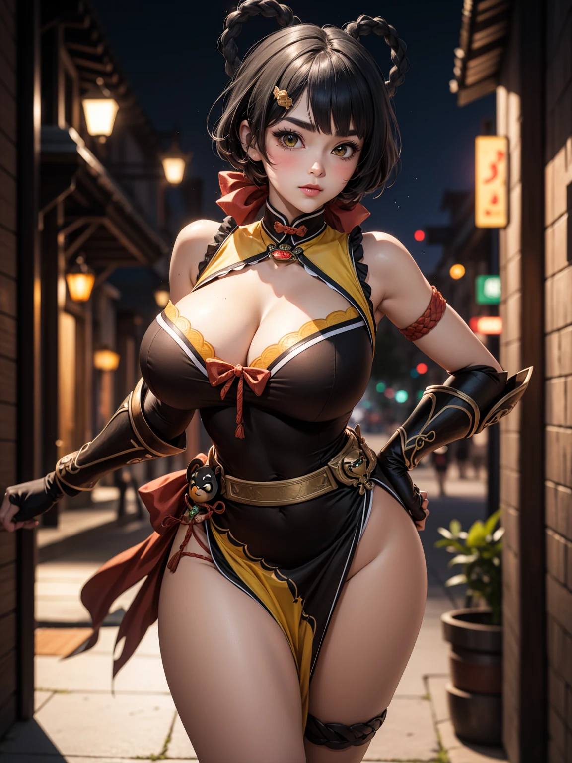 Masterpiece, high quality, blurry background, hd, 4k, night,xianglingdef, (gigantic breasts), outdoors, standing, blush, looking at viewer, dynamic poses, 