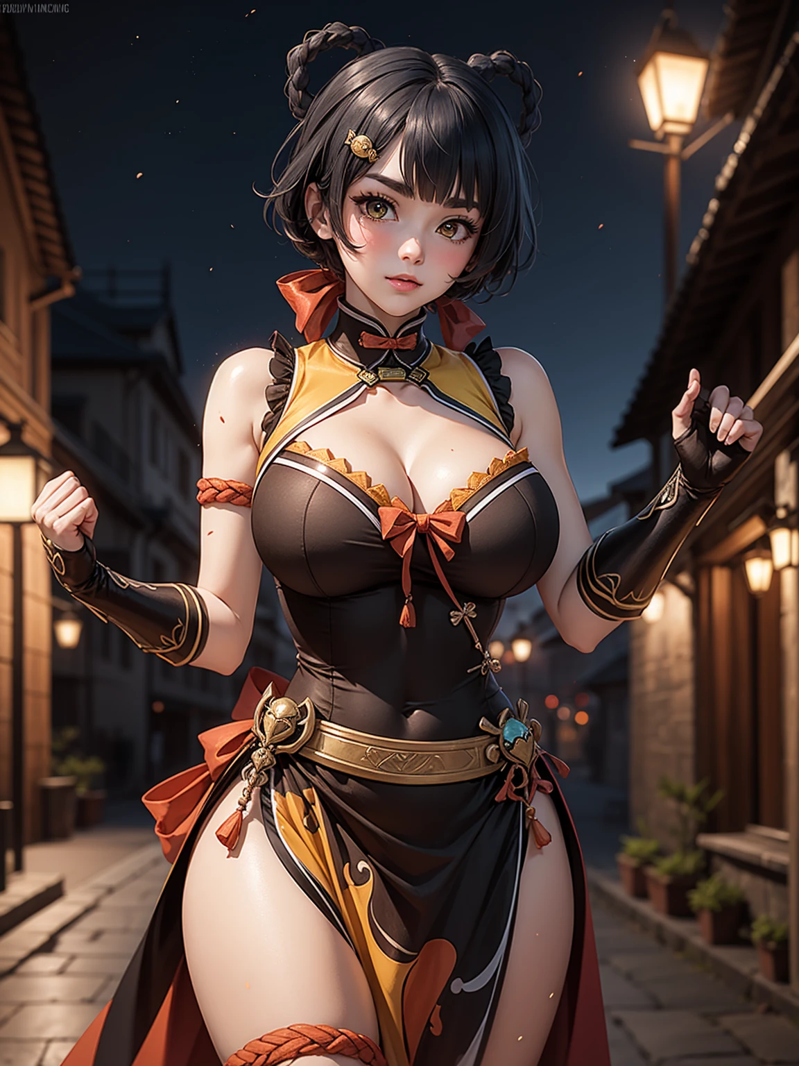 Masterpiece, high quality, blurry background, hd, 4k, night,xianglingdef, (gigantic breasts), outdoors, standing, blush, looking at viewer, dynamic poses, 